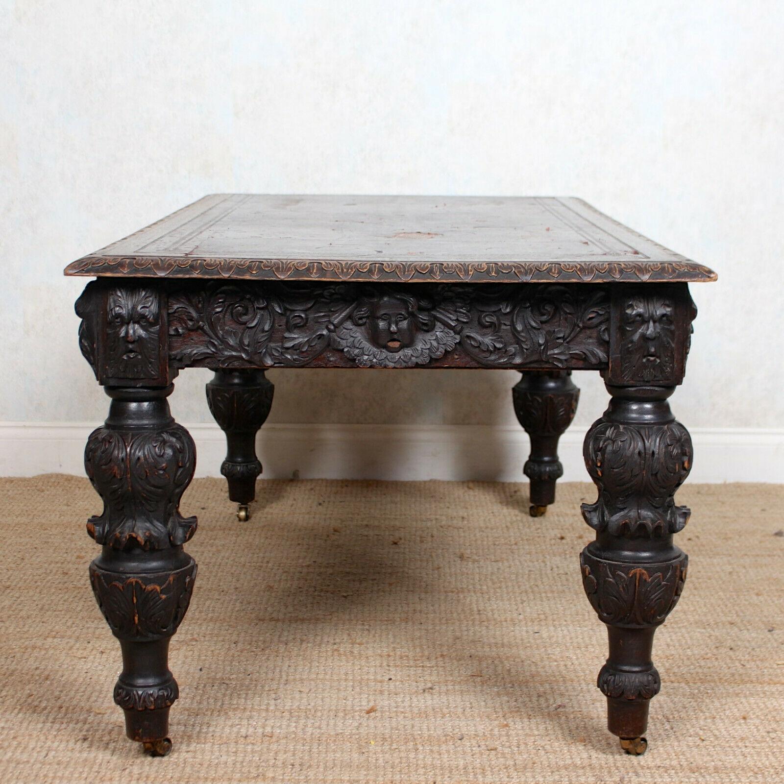 English Carved Oak Desk Library Table Gothic Jacobean Large Writing Table 3