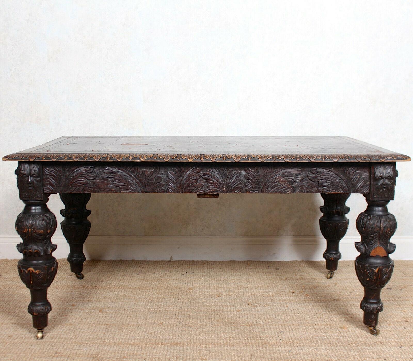 English Carved Oak Desk Library Table Gothic Jacobean Large Writing Table 4