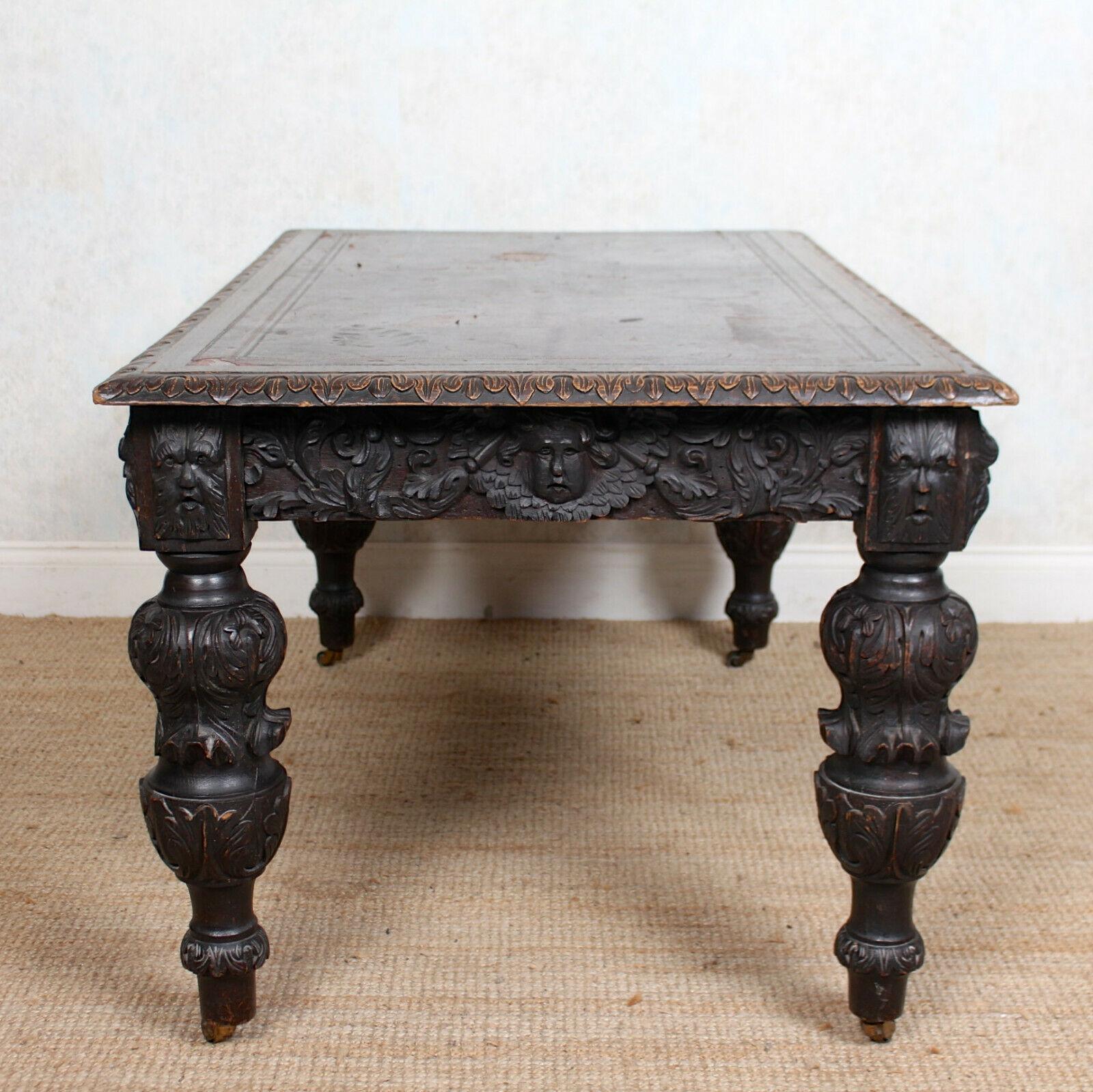 English Carved Oak Desk Library Table Gothic Jacobean Large Writing Table 5