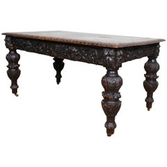 English Carved Oak Desk Library Table Gothic Jacobean Large Writing Table