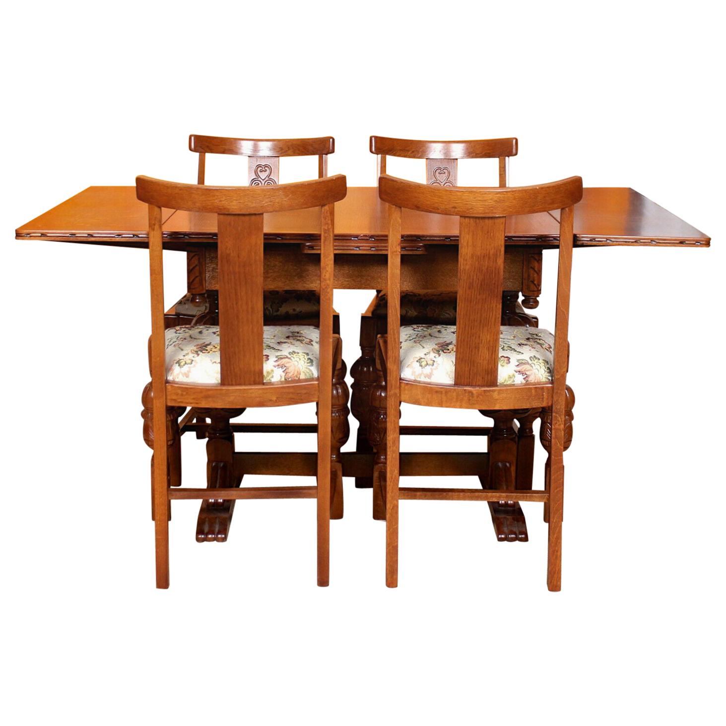 English Carved Oak Dining Table and 4 Chairs Country Arts & Crafts For Sale