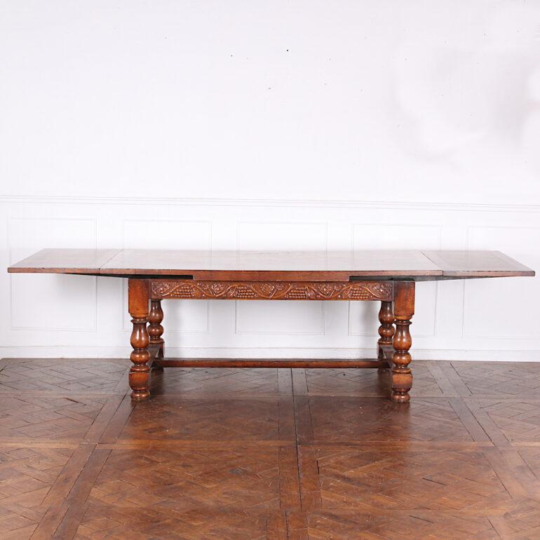 English Carved Oak Extending Trestle Table In Good Condition In Vancouver, British Columbia
