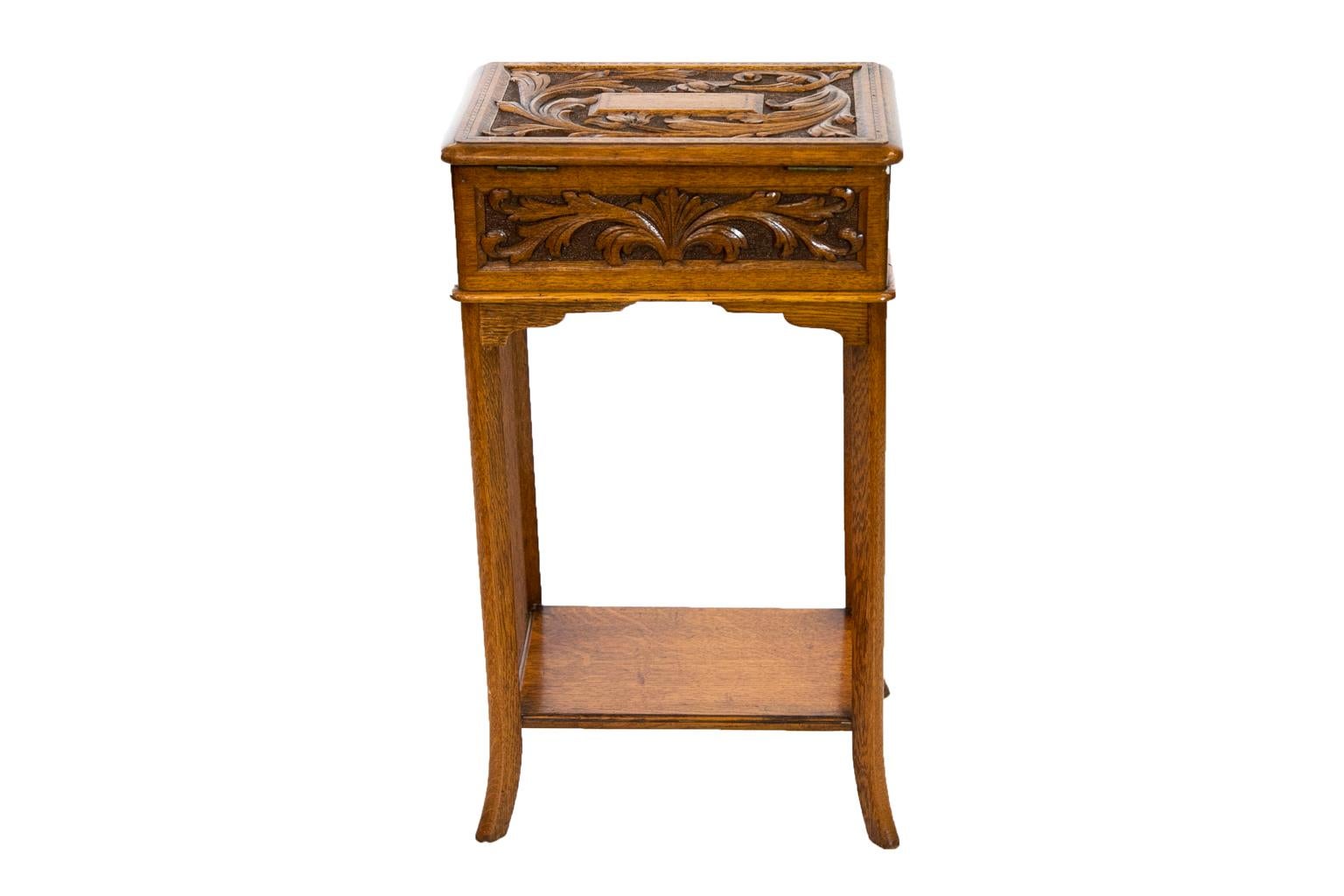 English Carved Oak Lift Top Side Table For Sale 4