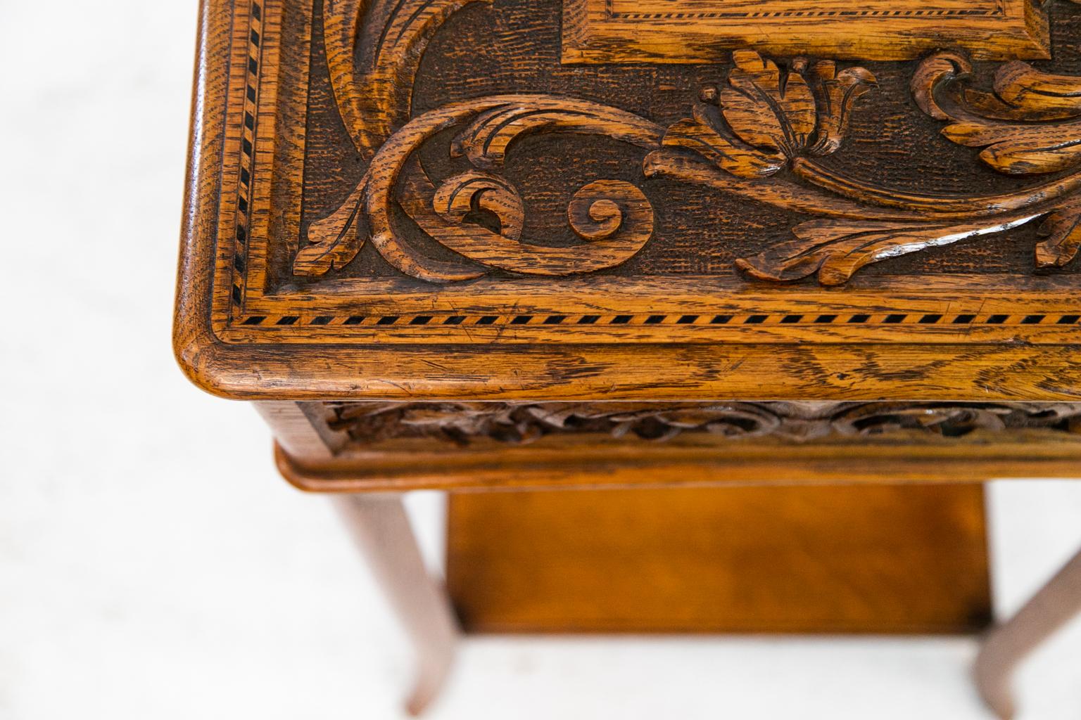 Boxwood English Carved Oak Lift Top Side Table For Sale