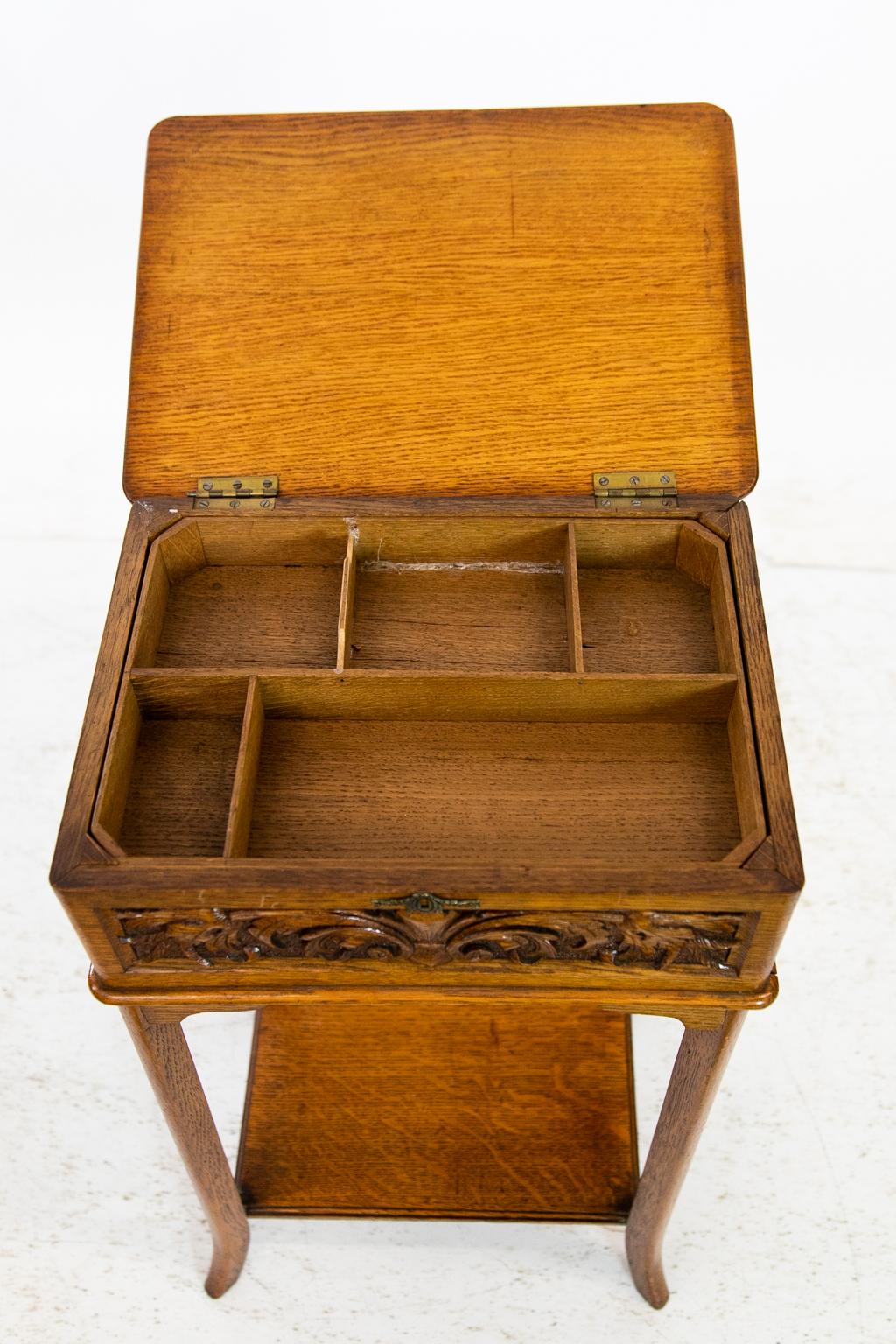 English Carved Oak Lift Top Side Table For Sale 2