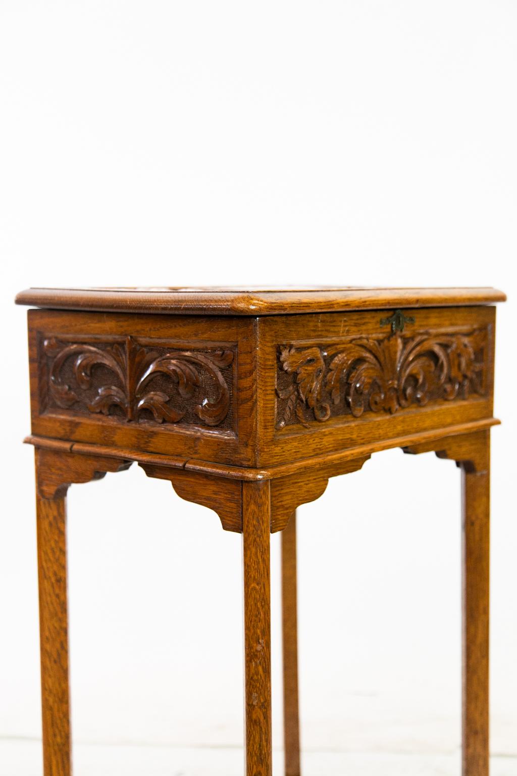English Carved Oak Lift Top Side Table For Sale 3