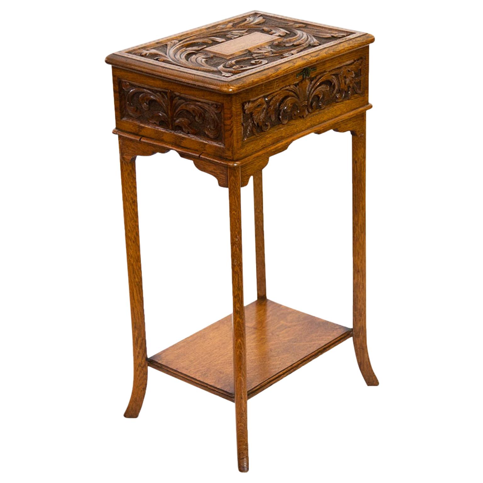 English Carved Oak Lift Top Side Table
