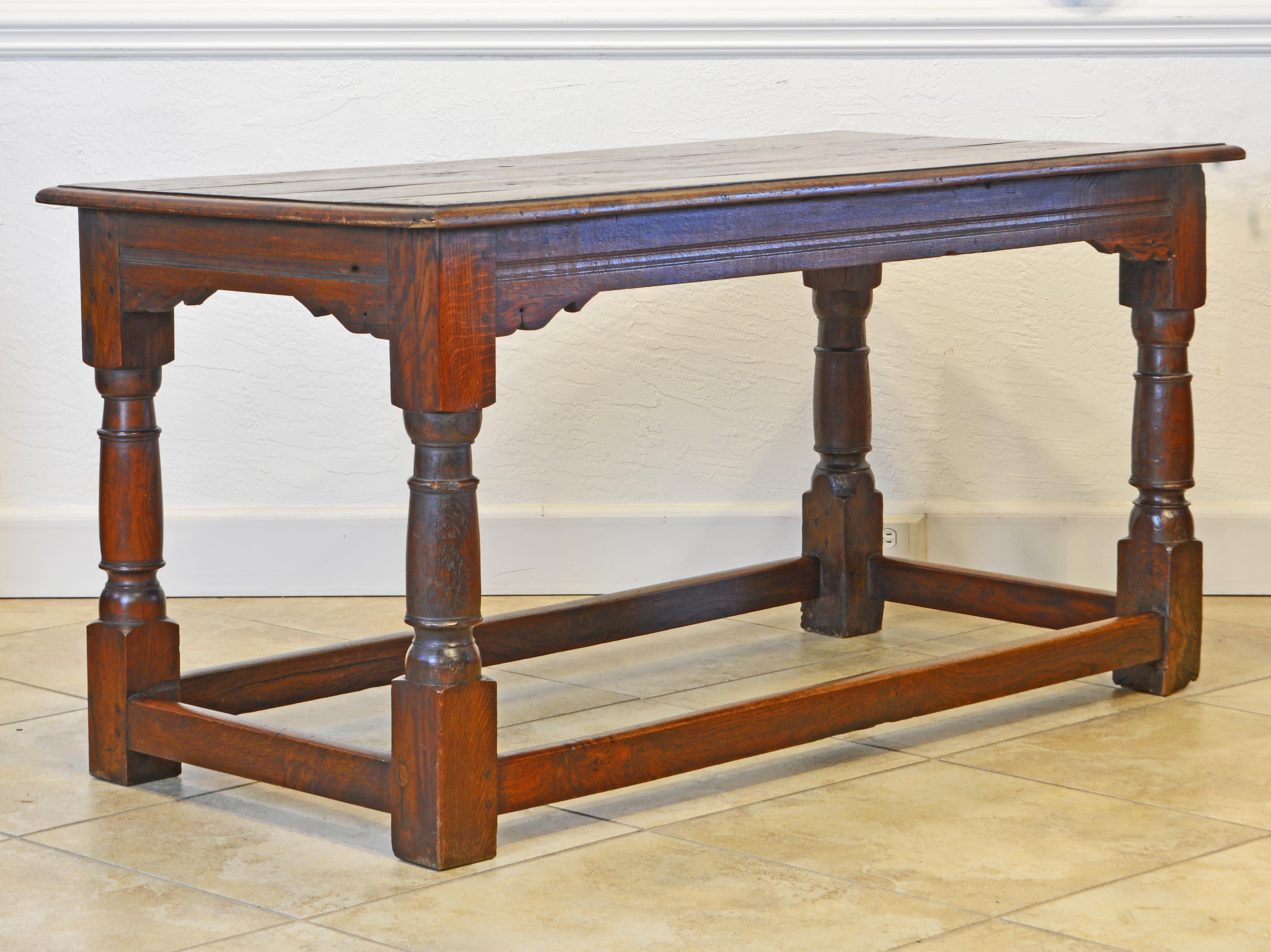 Baroque English Carved Oak Refectory Table on Baluster Legs and Stretcher Base