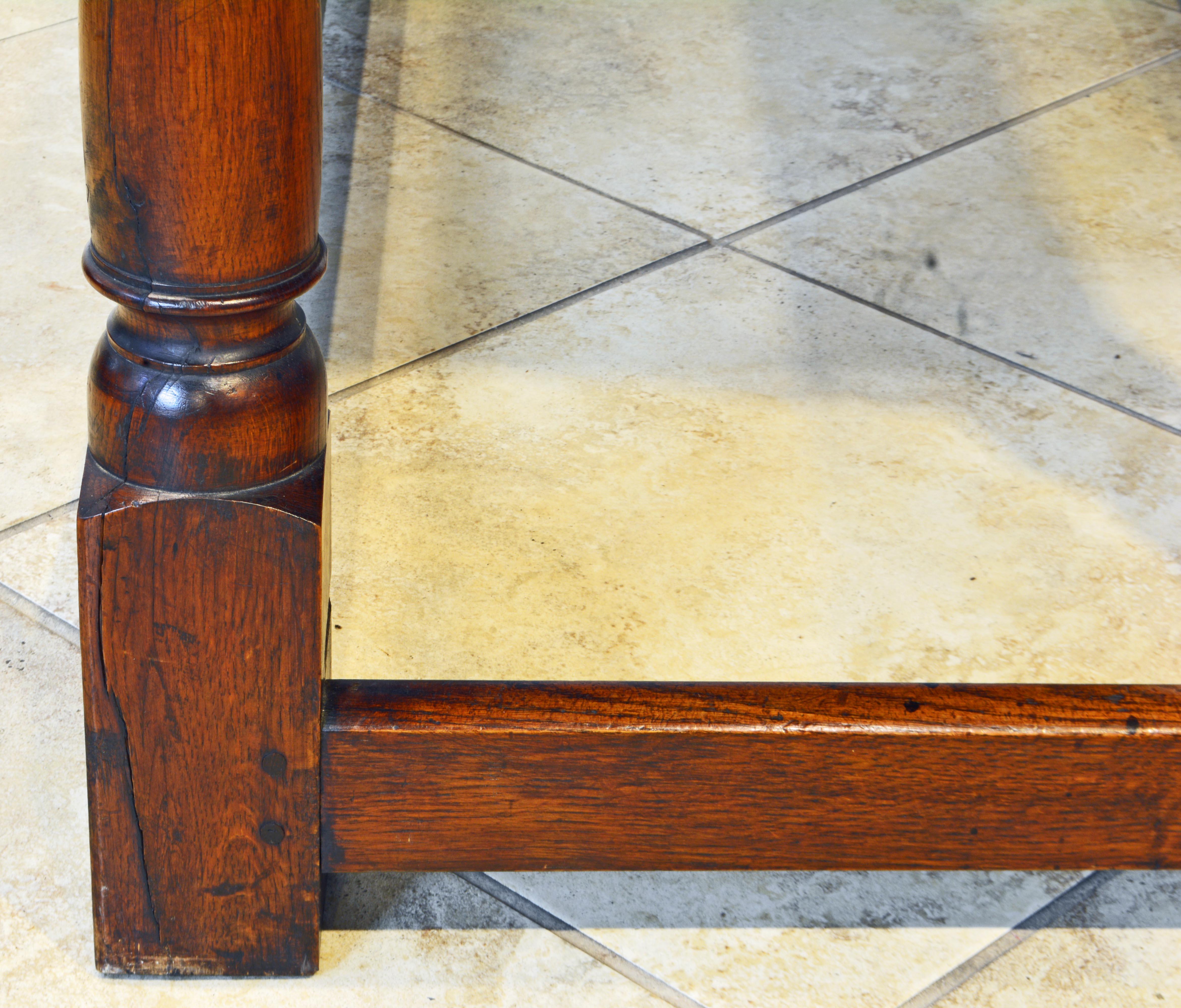 English Carved Oak Refectory Table on Baluster Legs and Stretcher Base 1