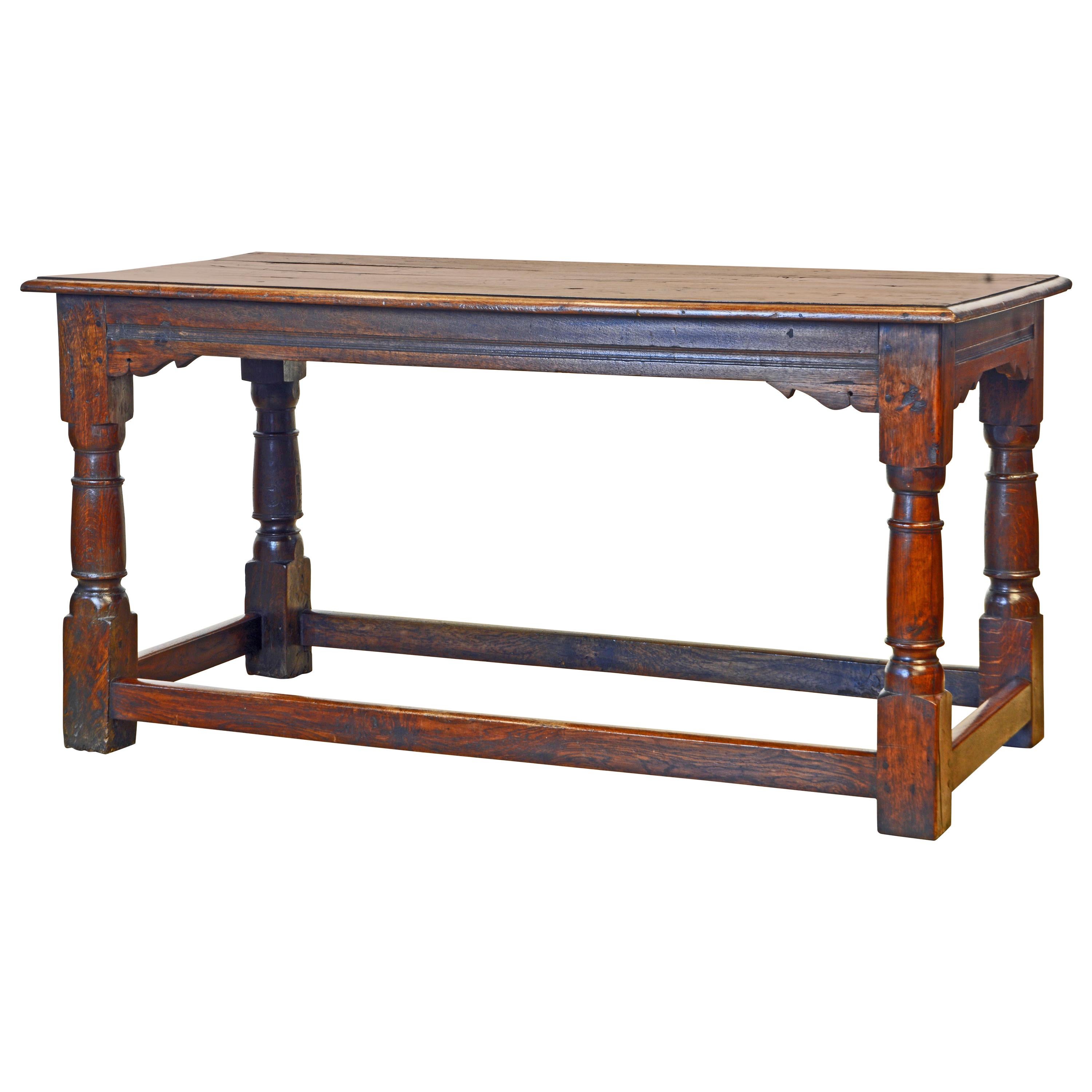 English Carved Oak Refectory Table on Baluster Legs and Stretcher Base