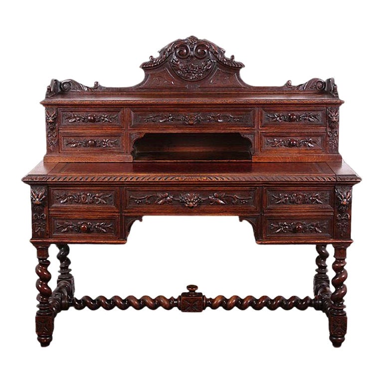 English Carved Oak Renaissance Revival Desk