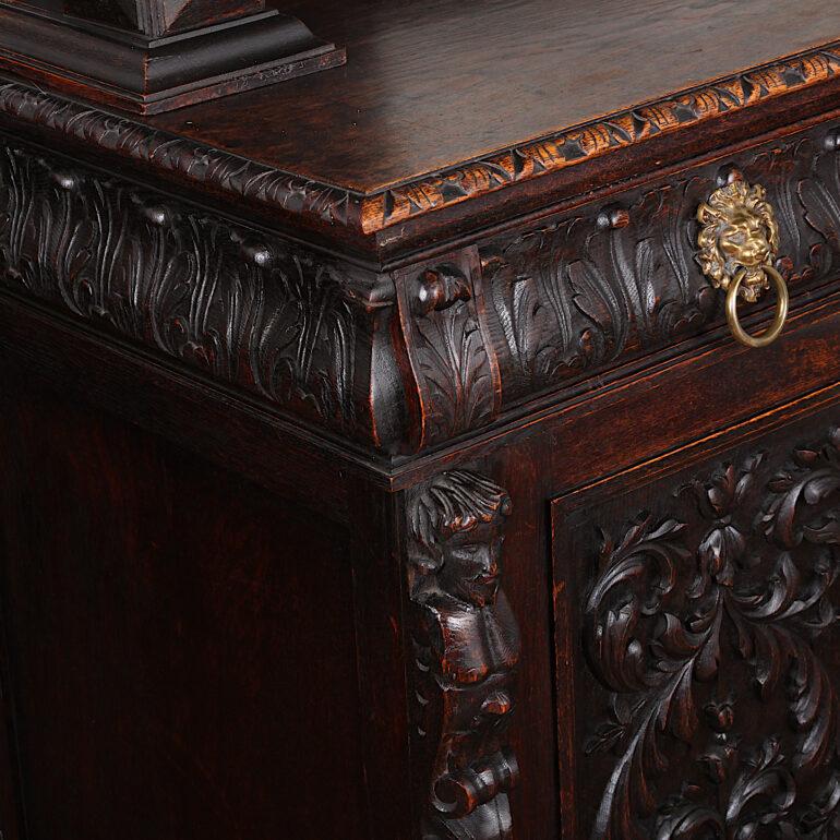 Hand-Carved English Carved Oak Renaissance Revival Sideboard, C.1870