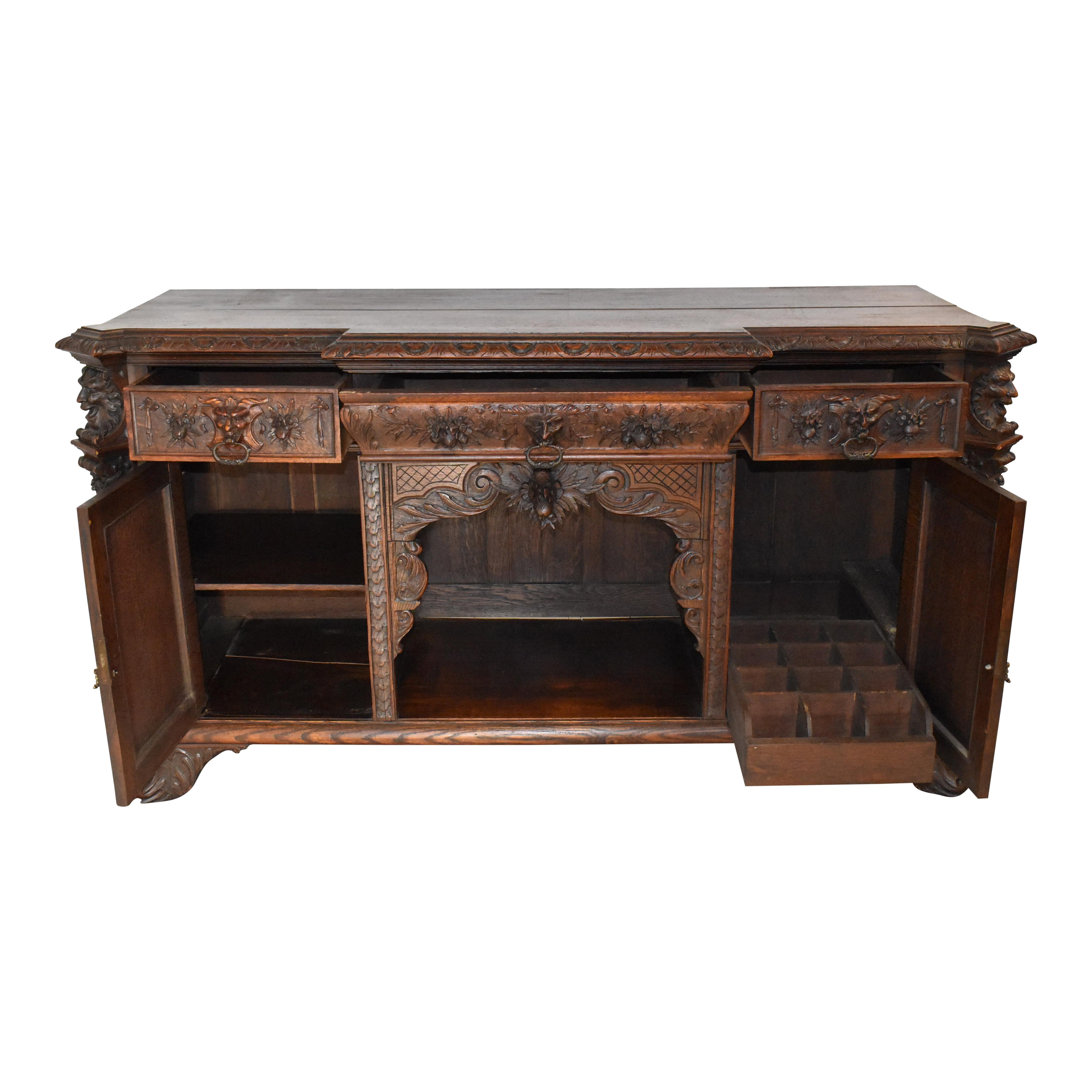 Late Victorian English Carved Oak Sideboard Buffet with Liquor Tray For Sale