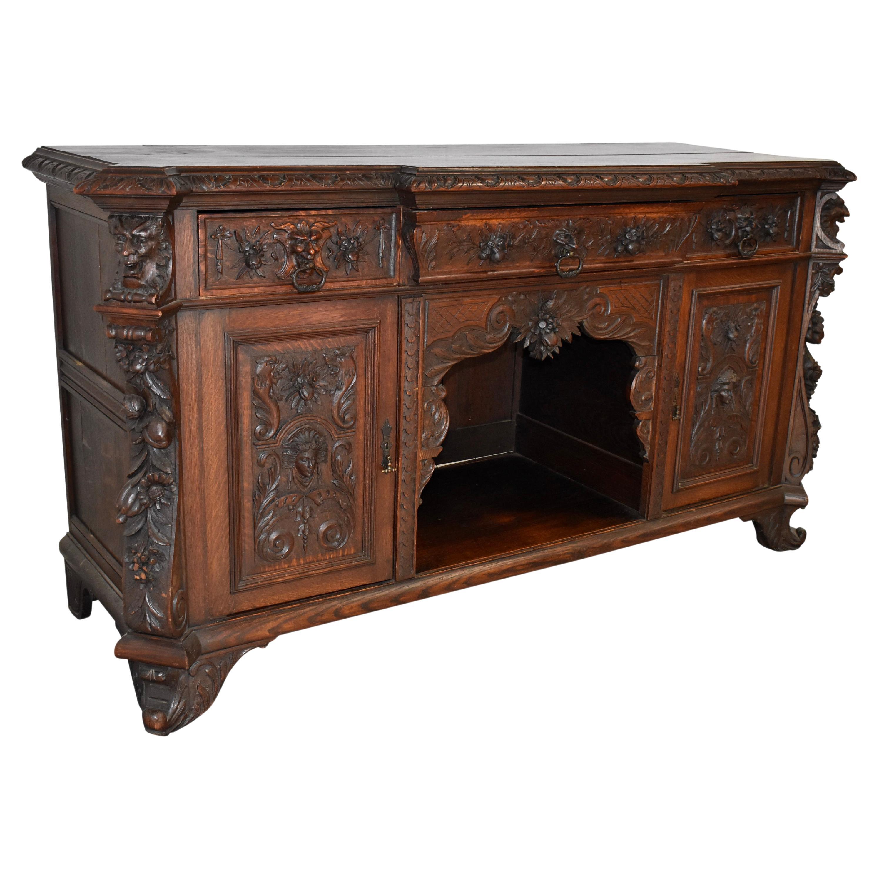 English Carved Oak Sideboard Buffet with Liquor Tray For Sale
