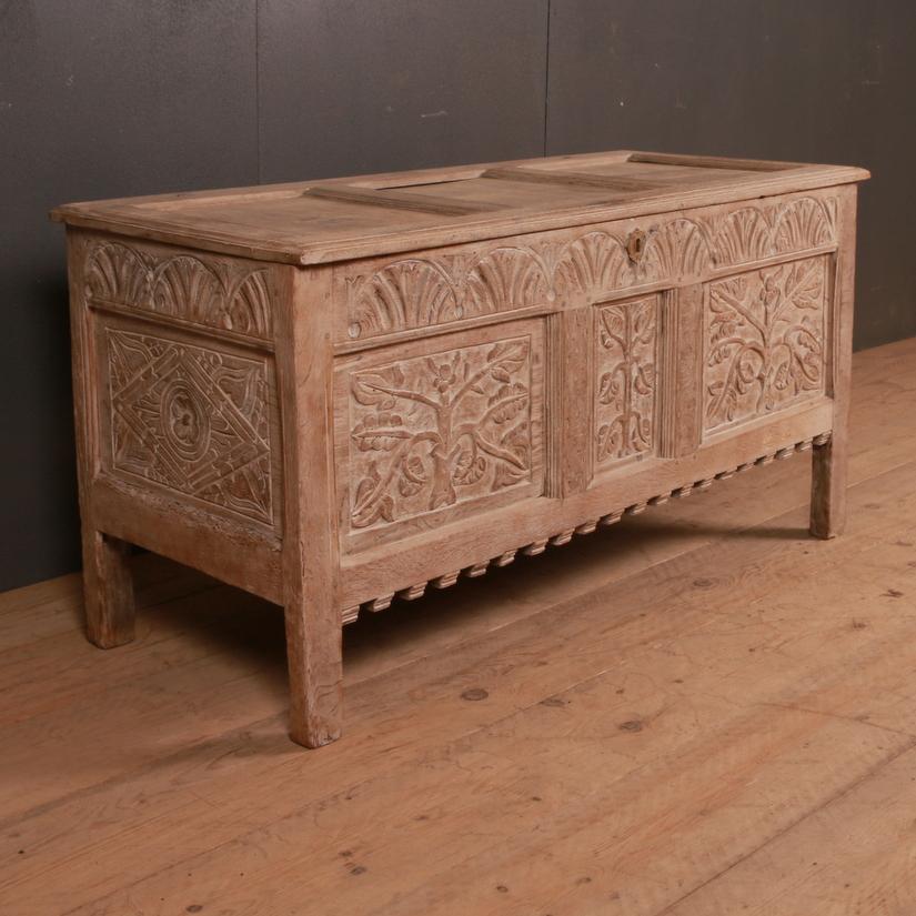 17th century English bleached oak coffer carved with the tree of life, 1680

Dimensions
49 inches (124 cms) wide
21 inches (53 cms) deep
25.5 inches (65 cms) high.

  