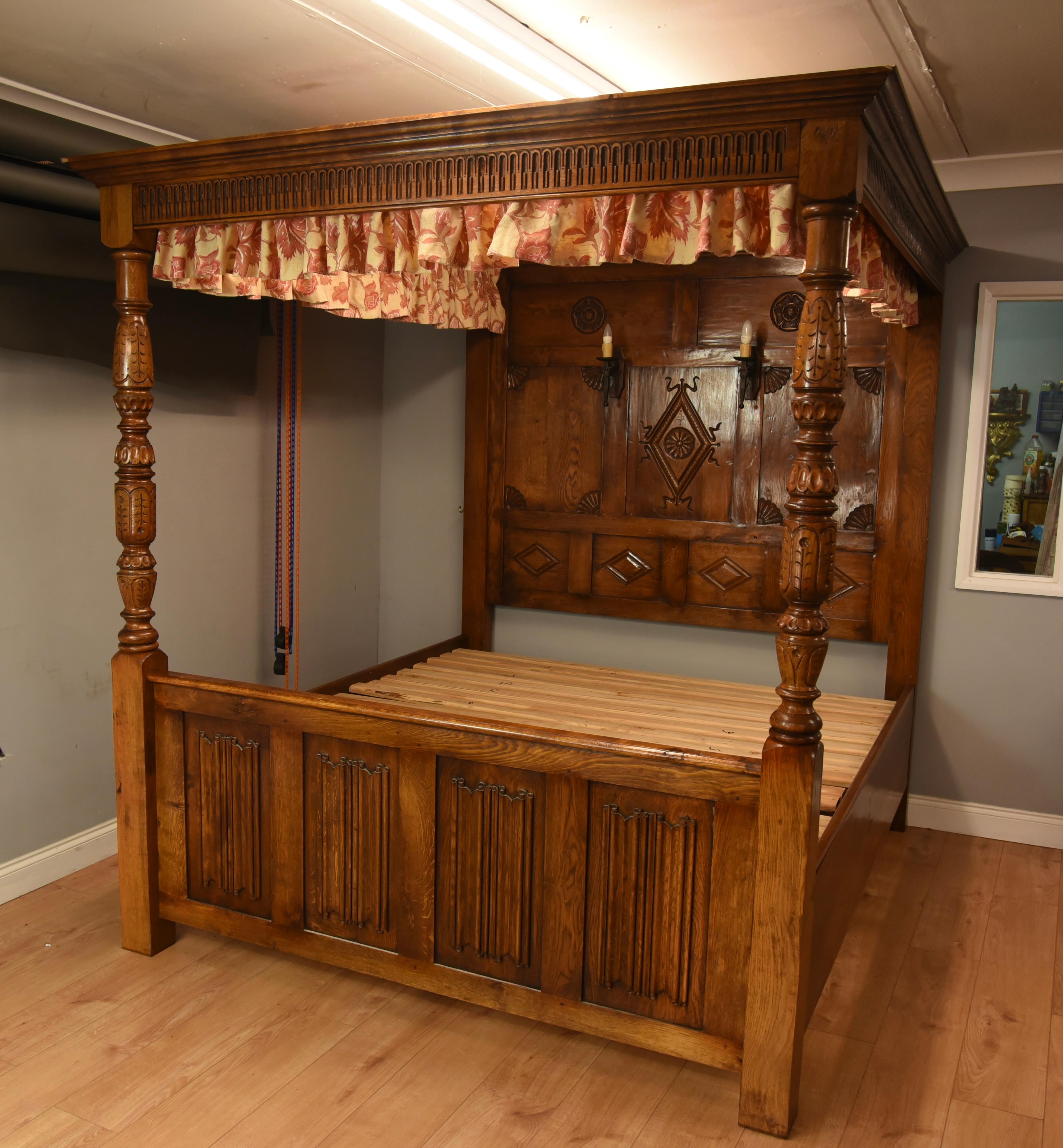 Fine Quality hand made solid English oak Tudor style carved oak super king size four poster bed.
The bed is constructed of the finest solid English oak that has been hand carved to the highest standard. It has been finished in the traditional way