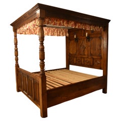 Retro English Carved Oak Tudor Style Four Poster Bed Super King Size
