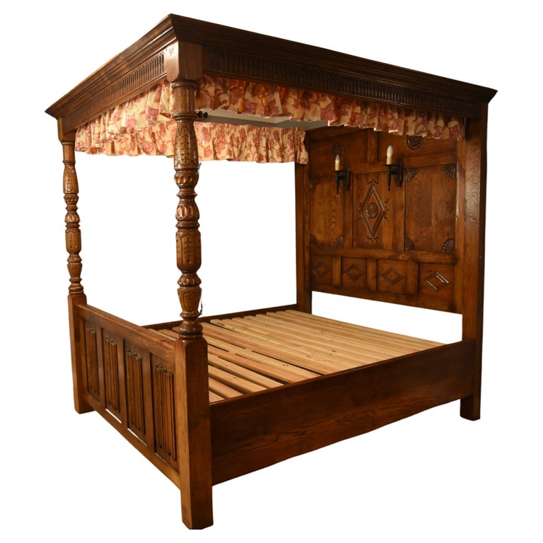 English Carved Oak Tudor Style Four Poster Bed Super King Size For Sale