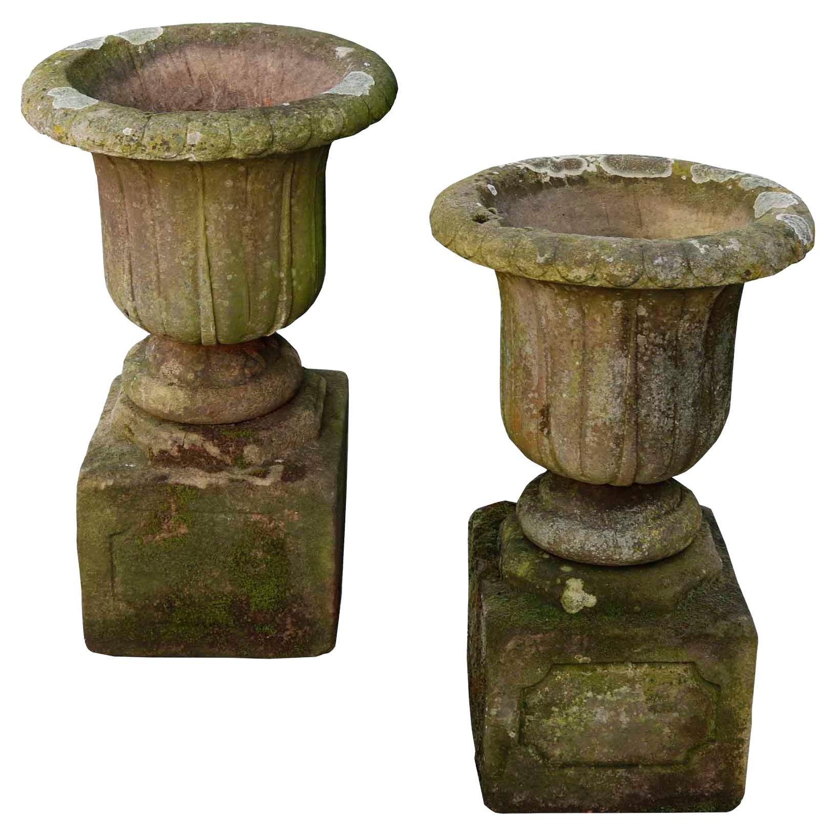 English Carved Sandstone Weathered  Urns For Sale