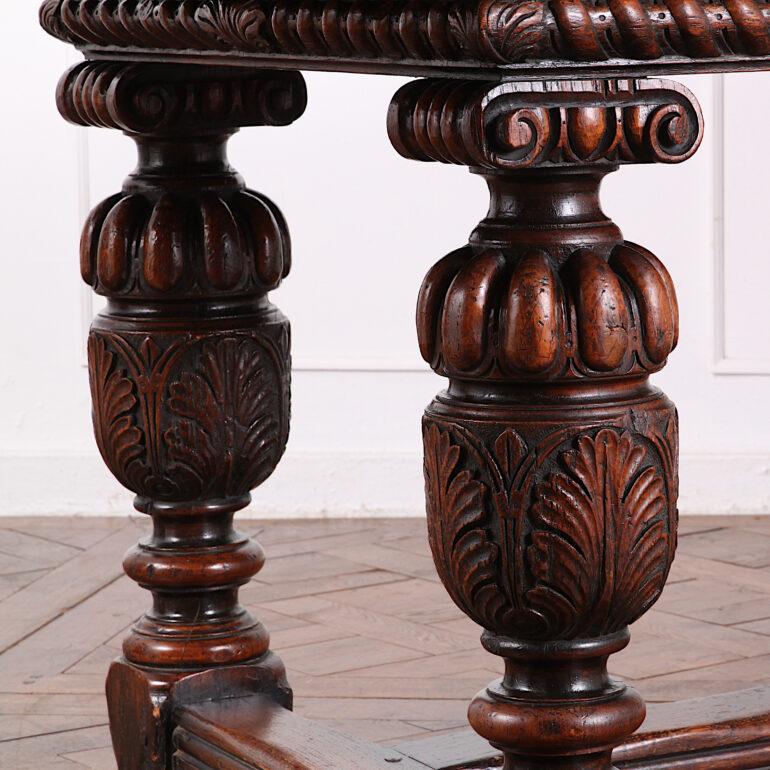 Jacobean English Carved Solid Oak Draw-Leaf Trestle Table