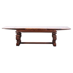 English Carved Solid Oak Draw-Leaf Trestle Table