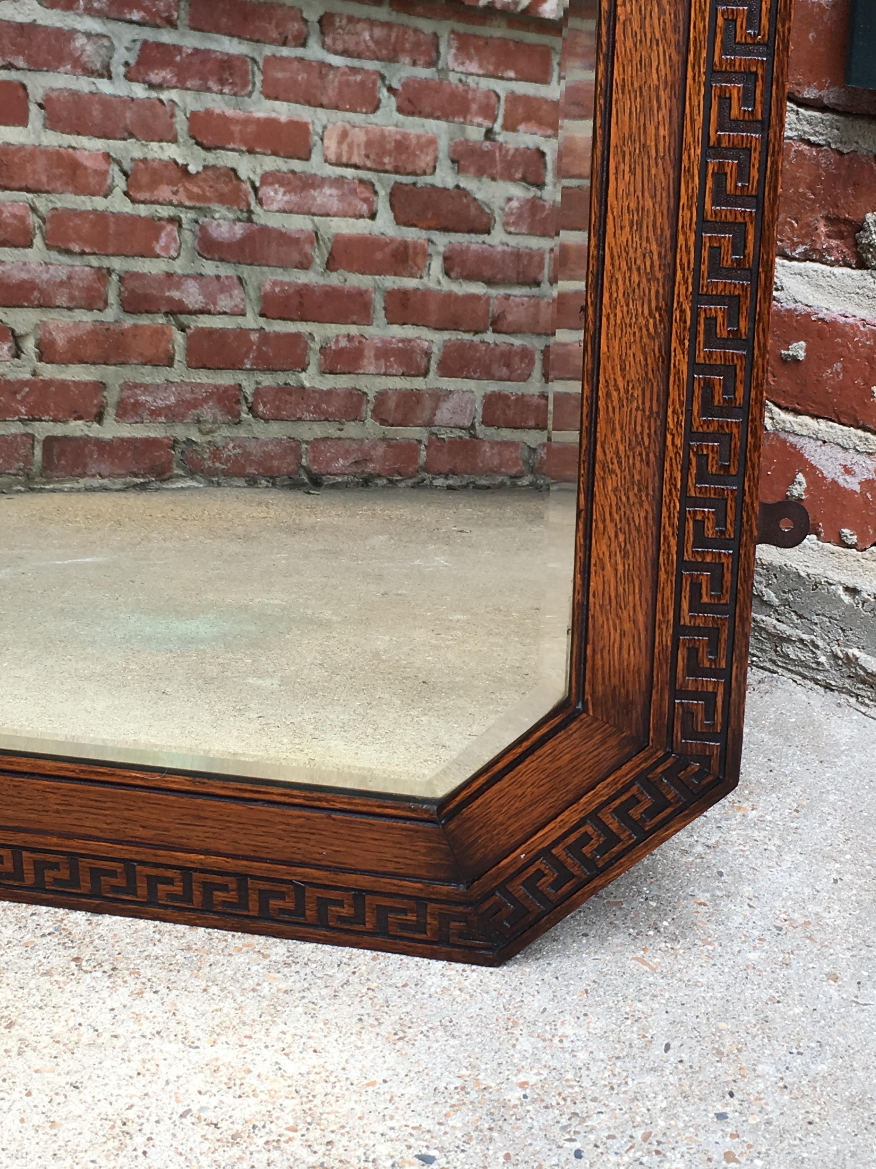Arts and Crafts English Carved Tiger Oak Wood Octagon Frame Beveled Wall Mirror Greek Key