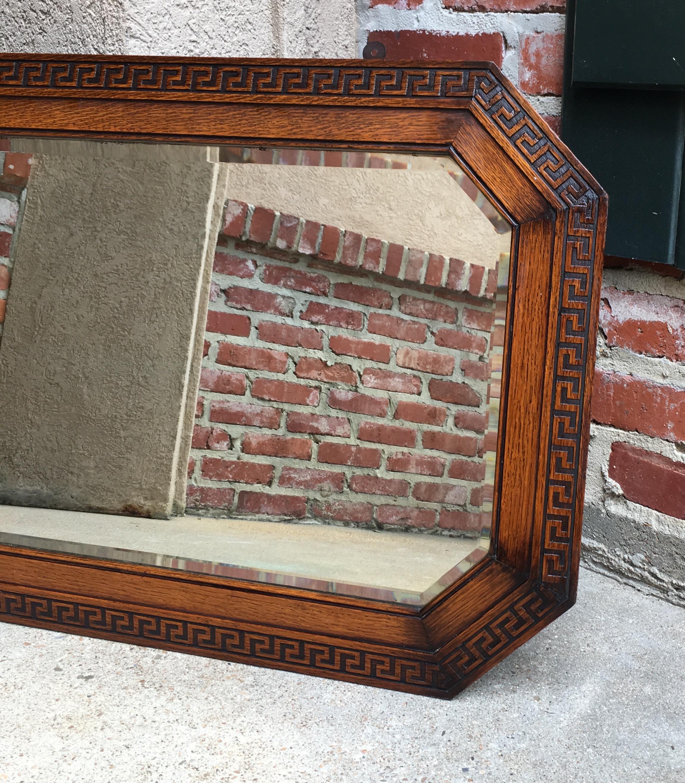 English Carved Tiger Oak Wood Octagon Frame Beveled Wall Mirror Greek Key In Good Condition In Shreveport, LA