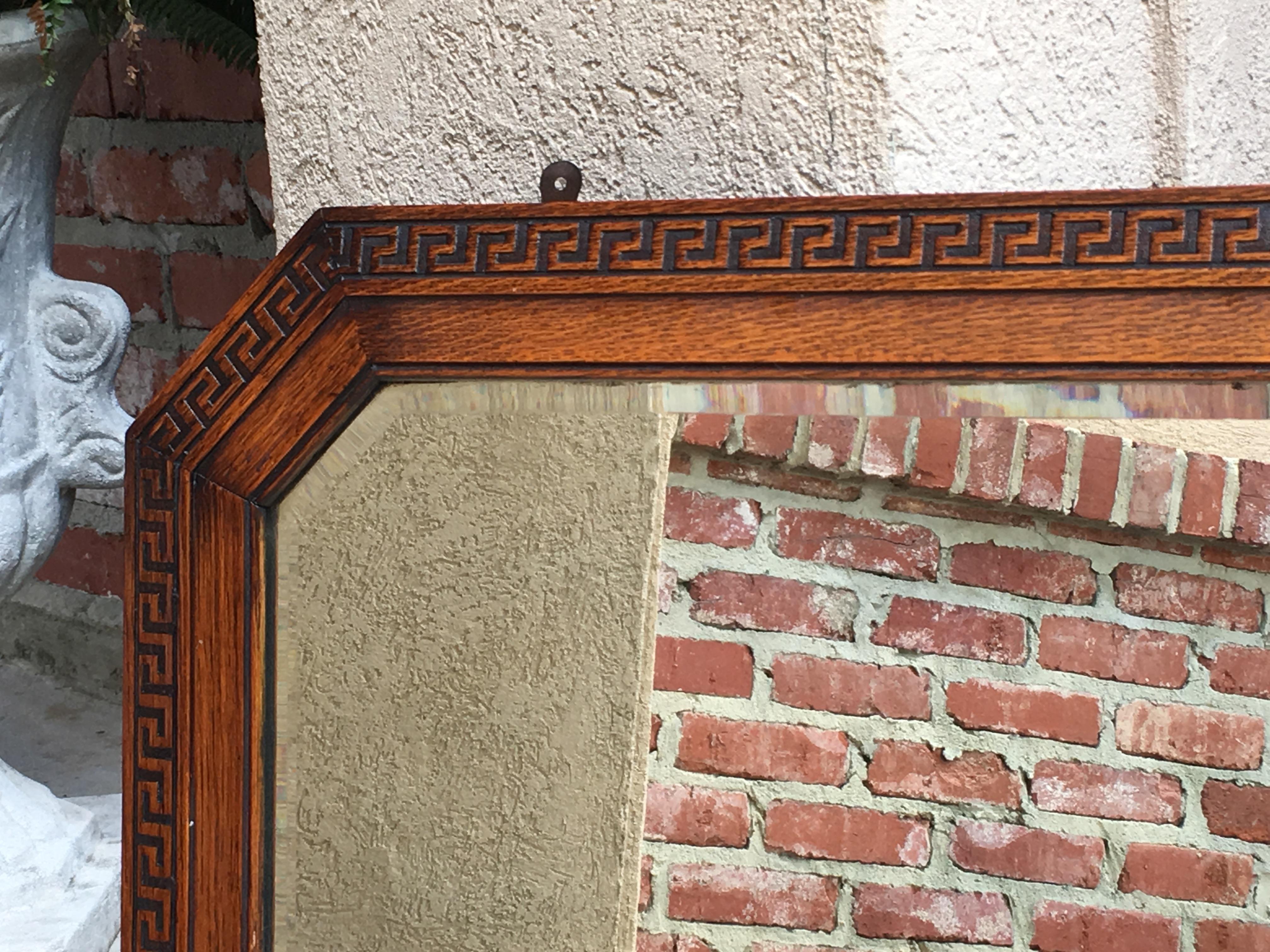 English Carved Tiger Oak Wood Octagon Frame Beveled Wall Mirror Greek Key 1