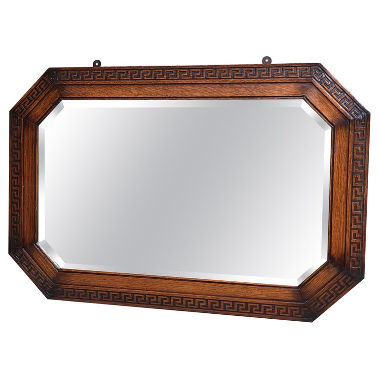 English Carved Tiger Oak Wood Octagon Frame Beveled Wall Mirror Greek