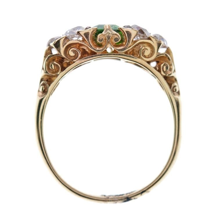 Mixed Cut English Carved Tsavorite Garnet Diamond Gold Ring For Sale