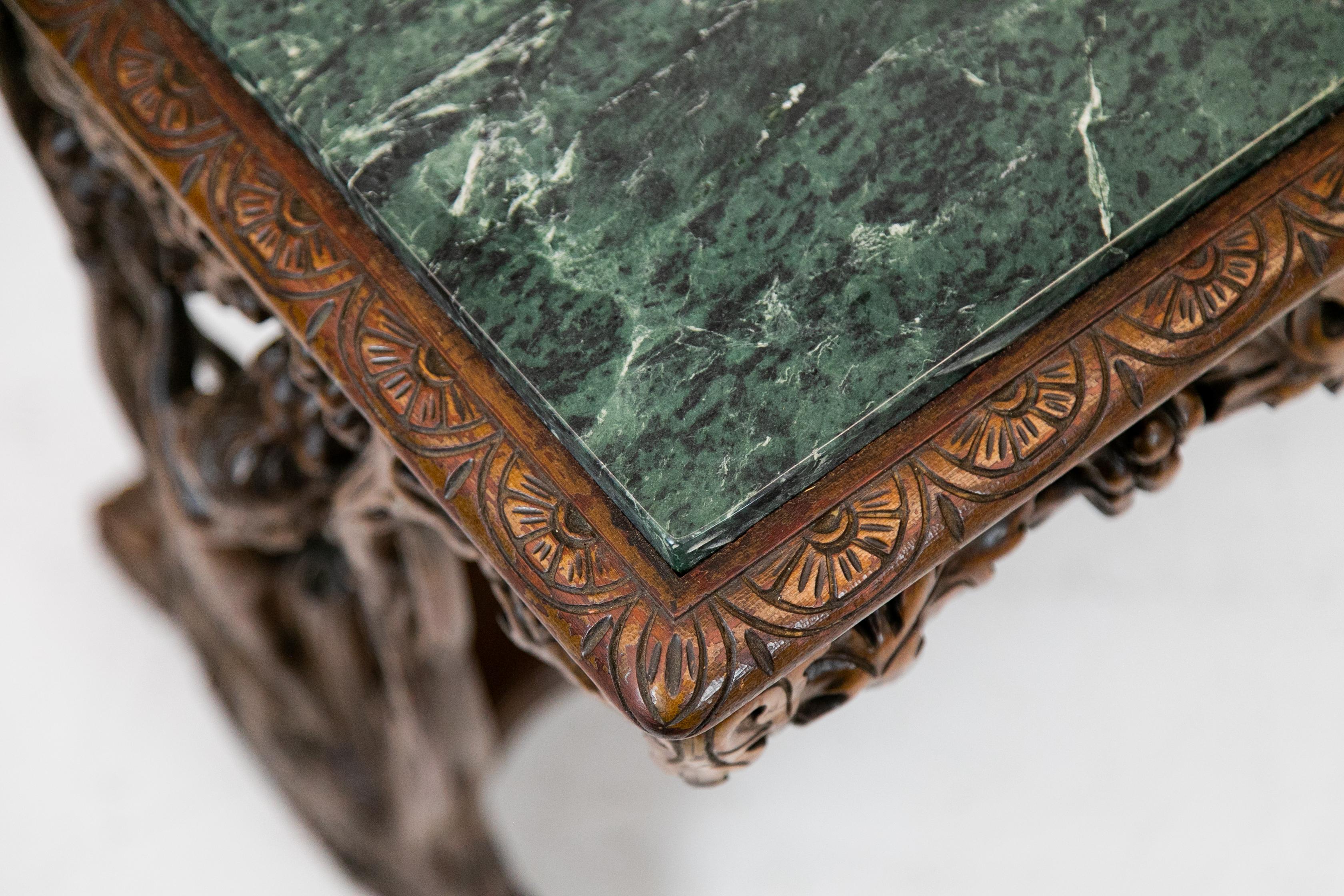 Hand-Carved English Carved Walnut Marble-Top Table For Sale