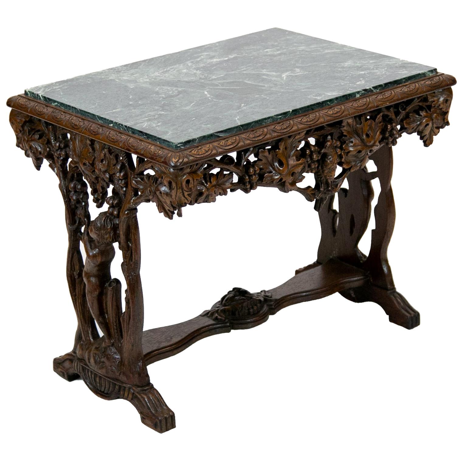 English Carved Walnut Marble-Top Table