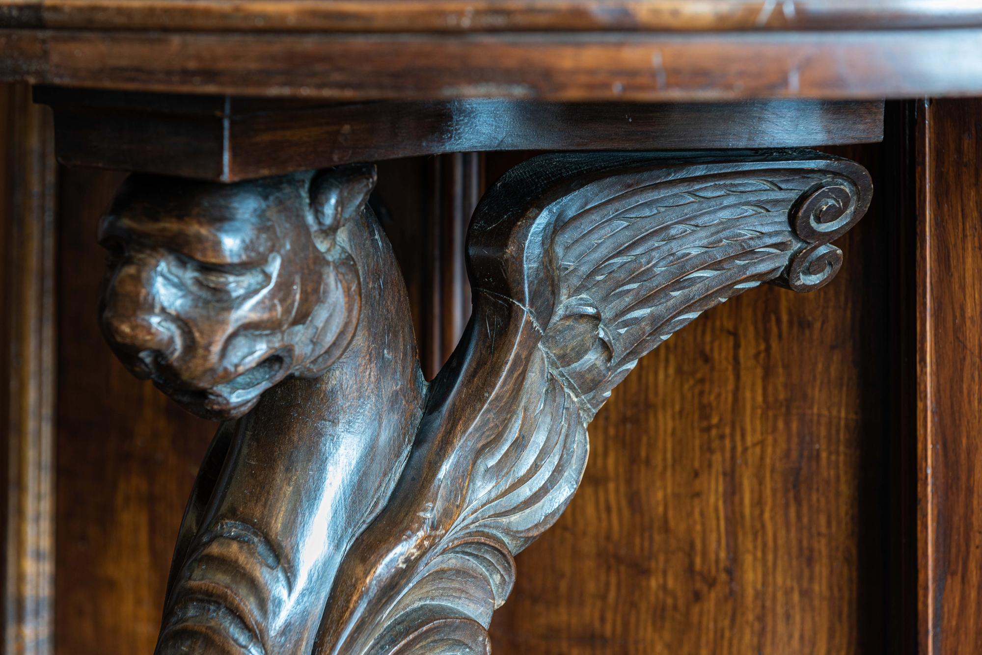 British English Carved Winged Lion Demilune Console Table