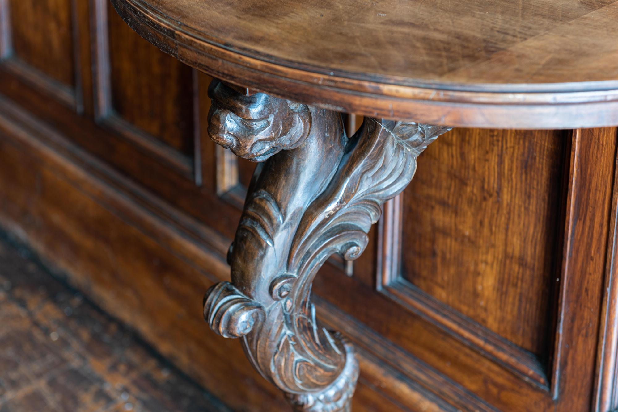 Wood English Carved Winged Lion Demilune Console Table