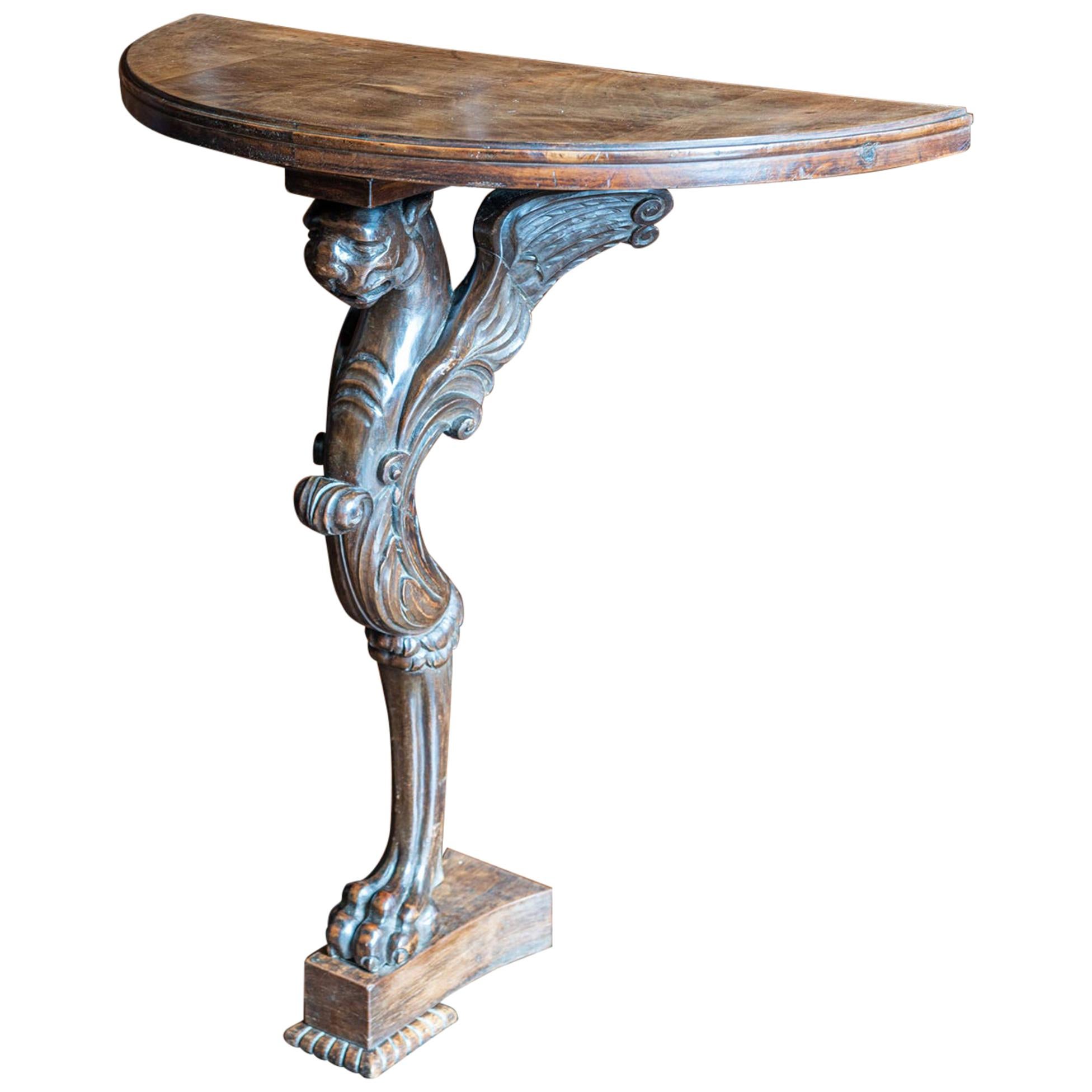 English Carved Winged Lion Demilune Console Table