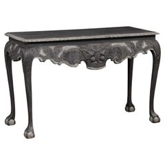 Table console 4 pieds en bois sculpté anglais avec tablier sculpté en forme de panier de fruits, gris foncé