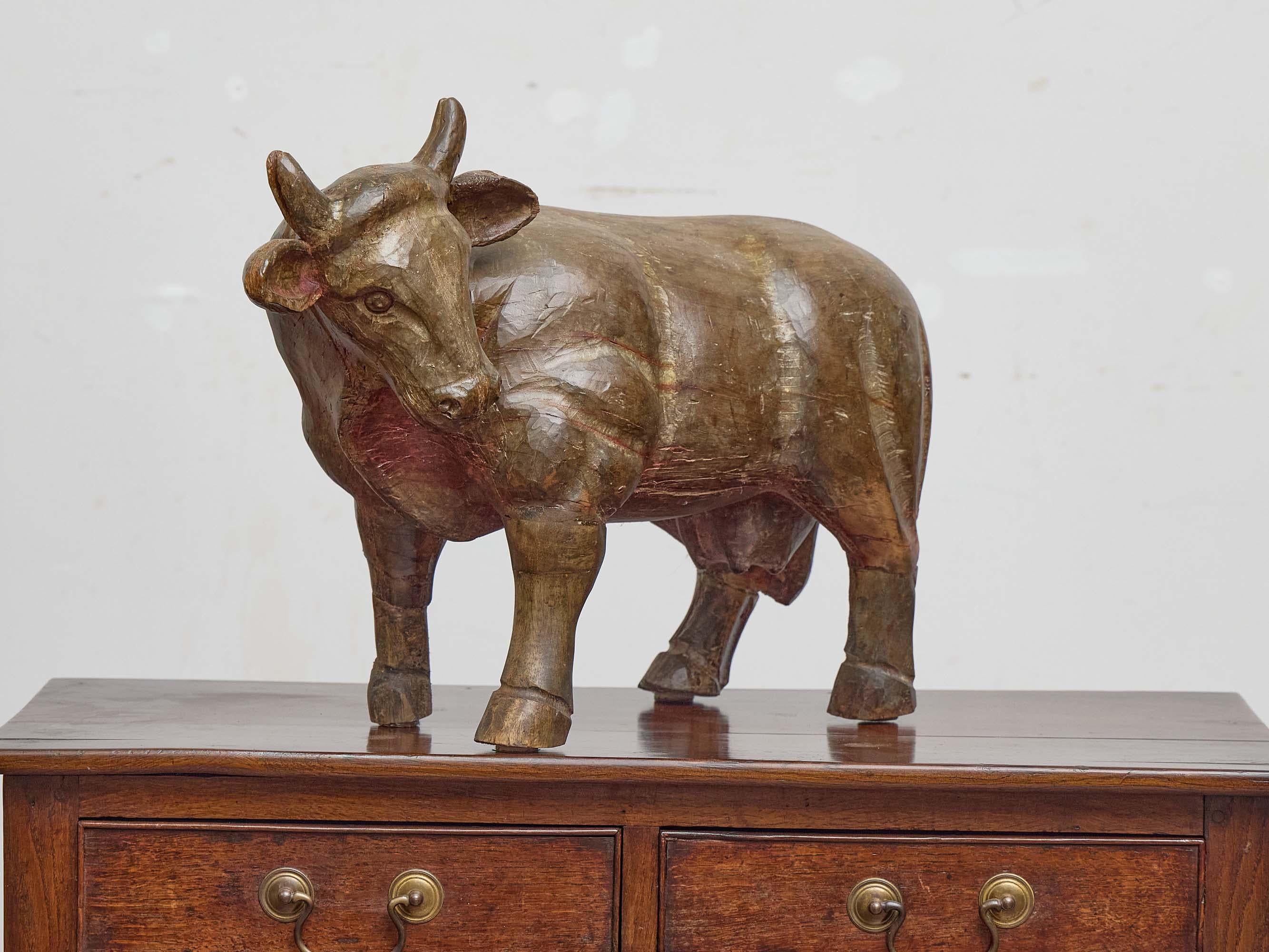 Rustic English Carved Wood Cow Sculpture with Original Painted Finish, circa 1880 For Sale
