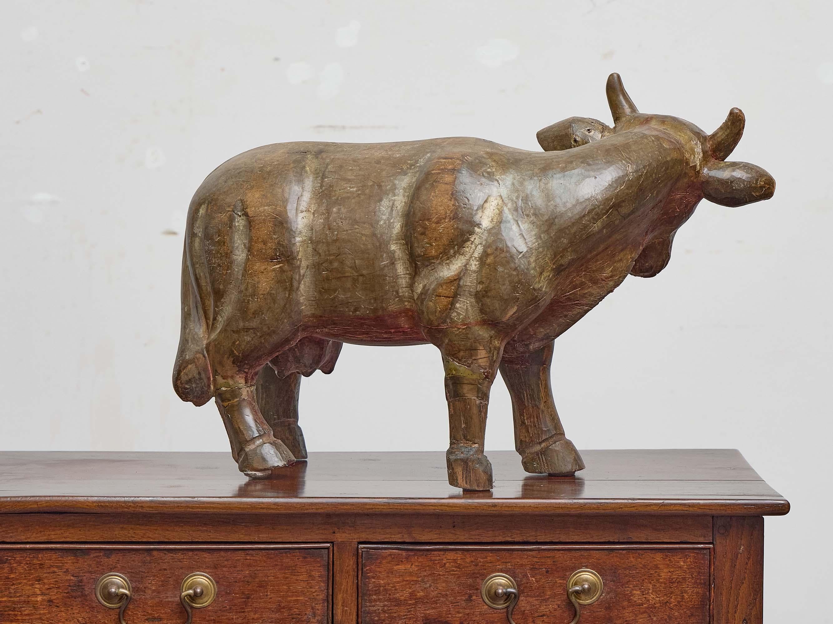 Hand-Carved English Carved Wood Cow Sculpture with Original Painted Finish, circa 1880 For Sale