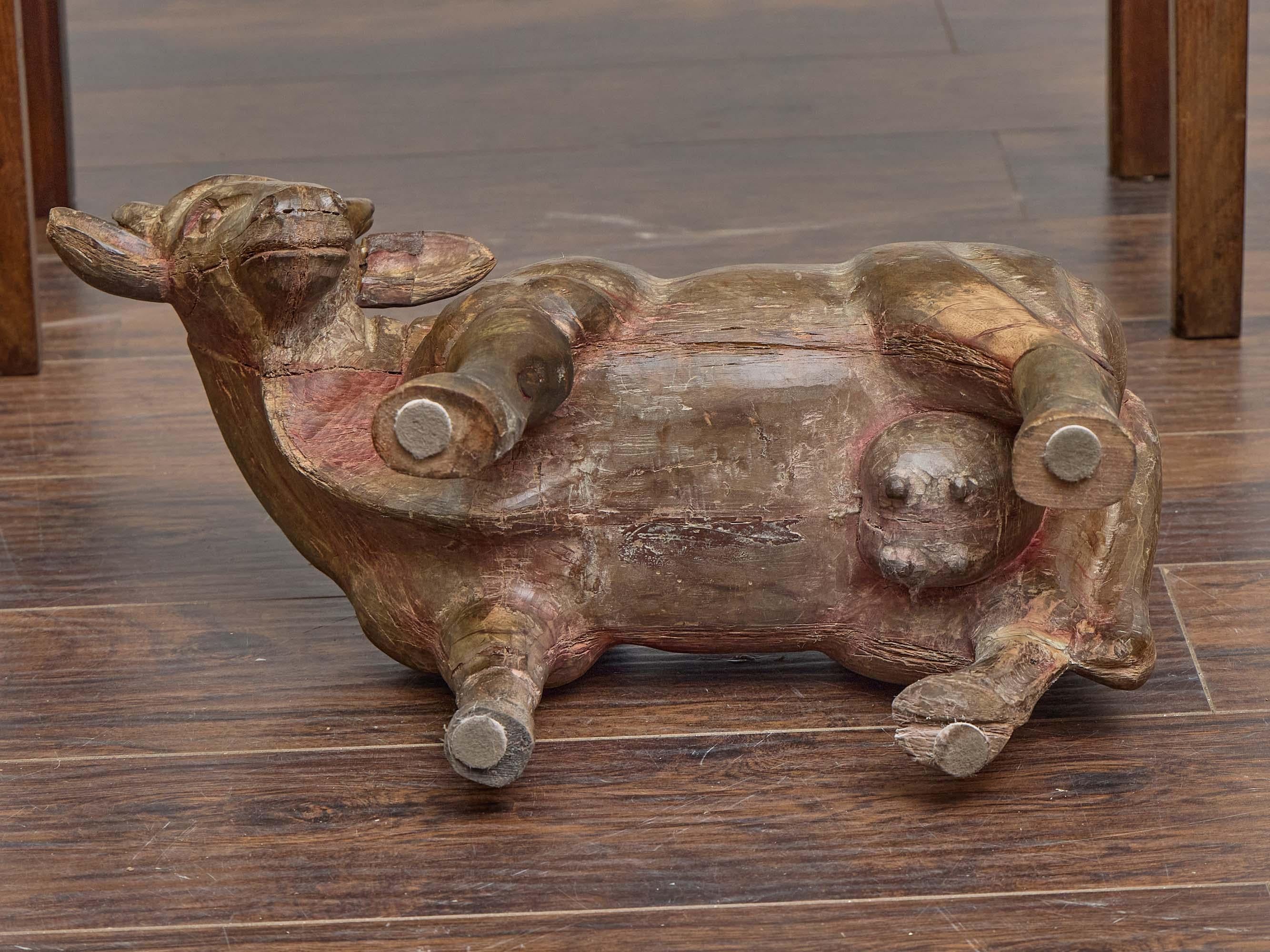 19th Century English Carved Wood Cow Sculpture with Original Painted Finish, circa 1880 For Sale