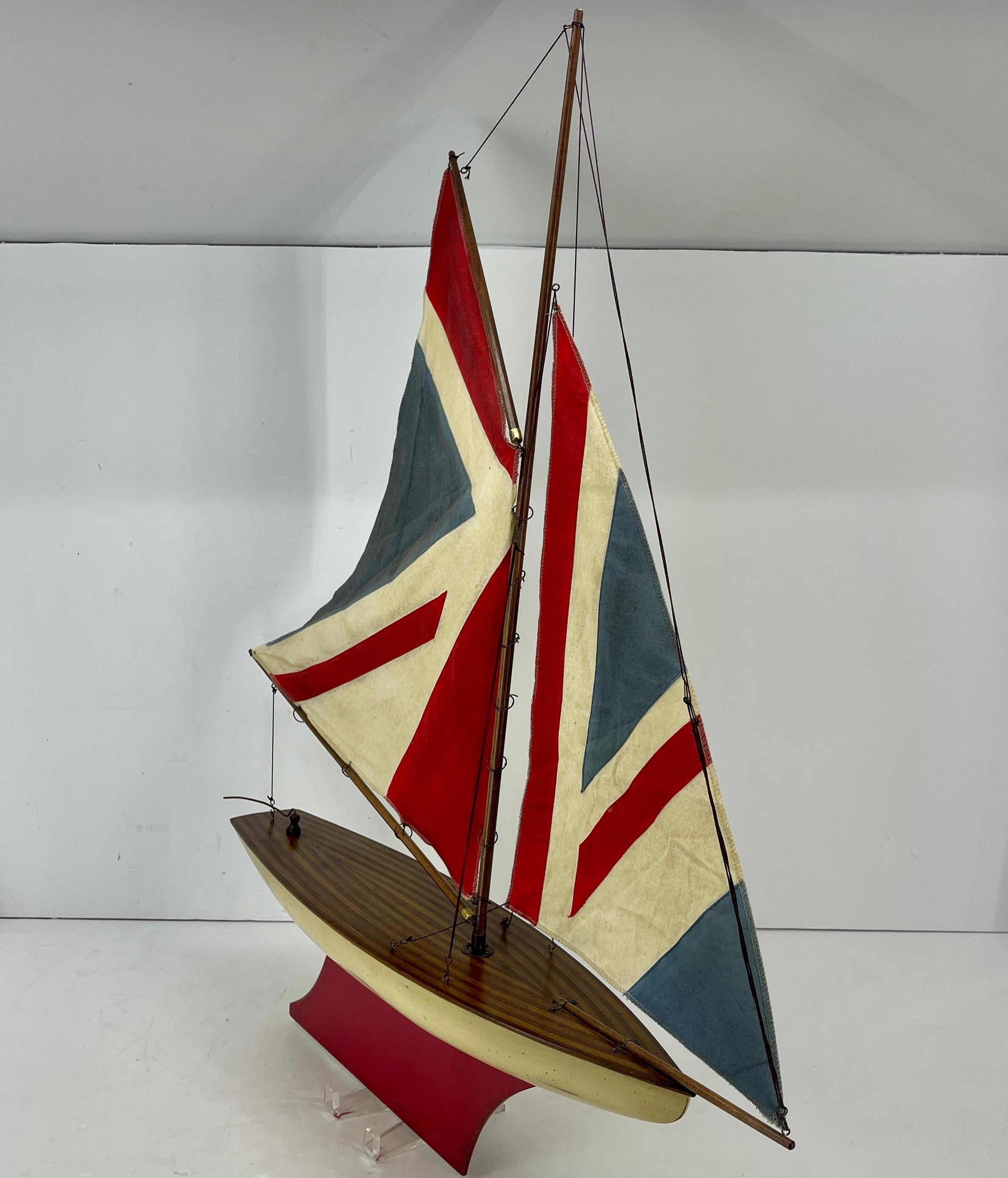 English Carved Wood Sailboat Model with Parquetry Deck and Union Jack Sailcloth 4