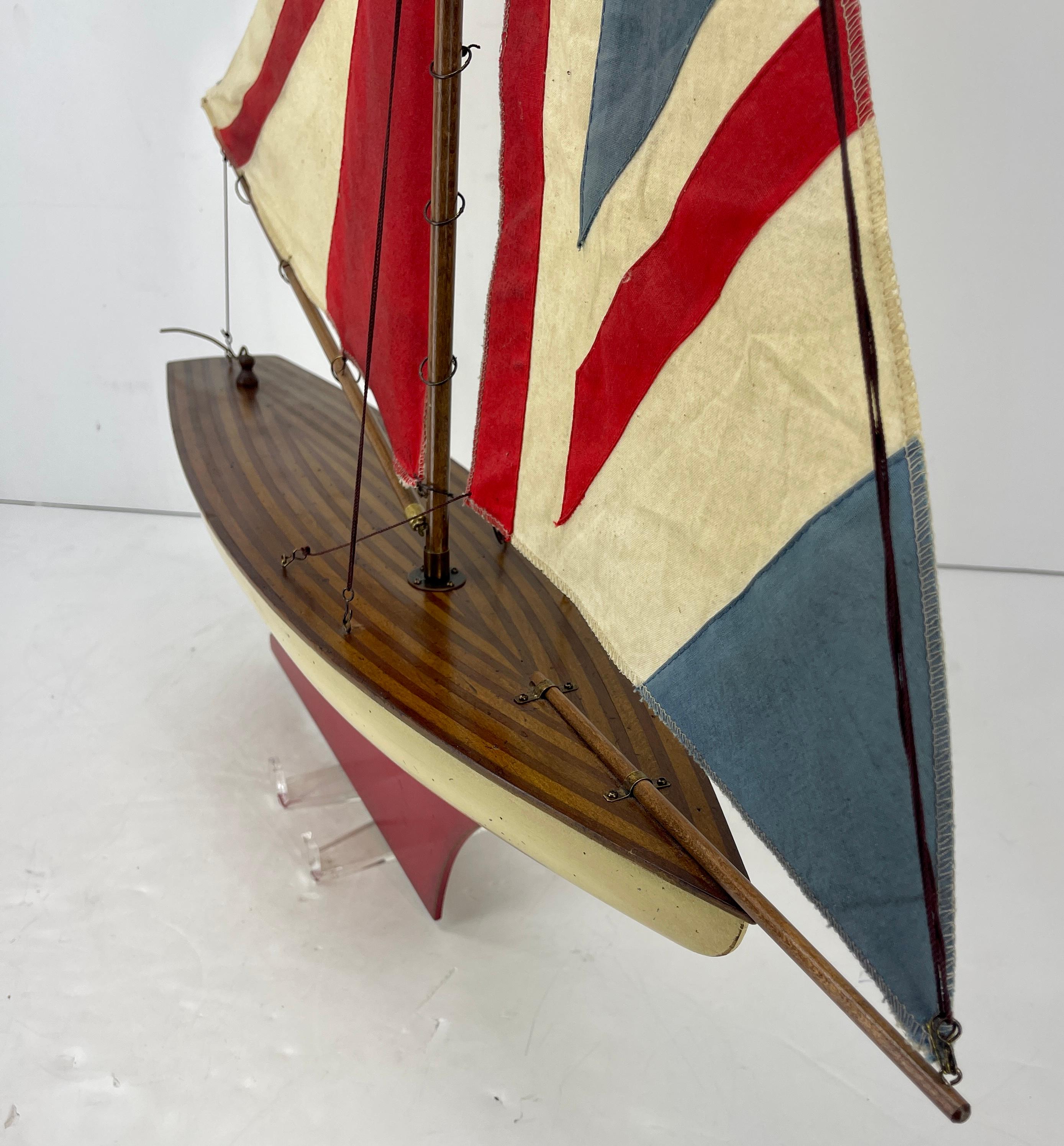 English Carved Wood Sailboat Model with Parquetry Deck and Union Jack Sailcloth 5