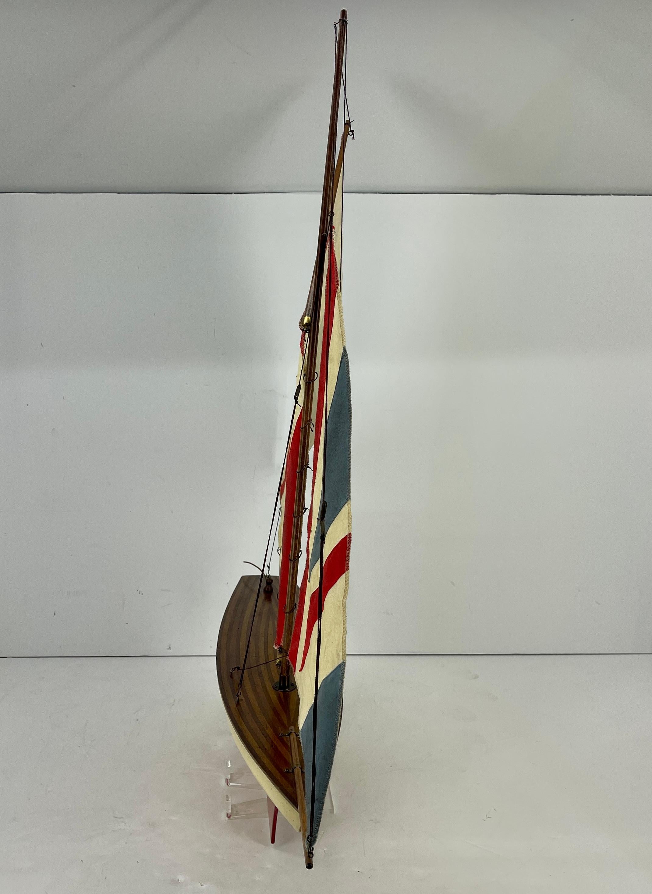 English Carved Wood Sailboat Model with Parquetry Deck and Union Jack Sailcloth In Good Condition In Haddonfield, NJ
