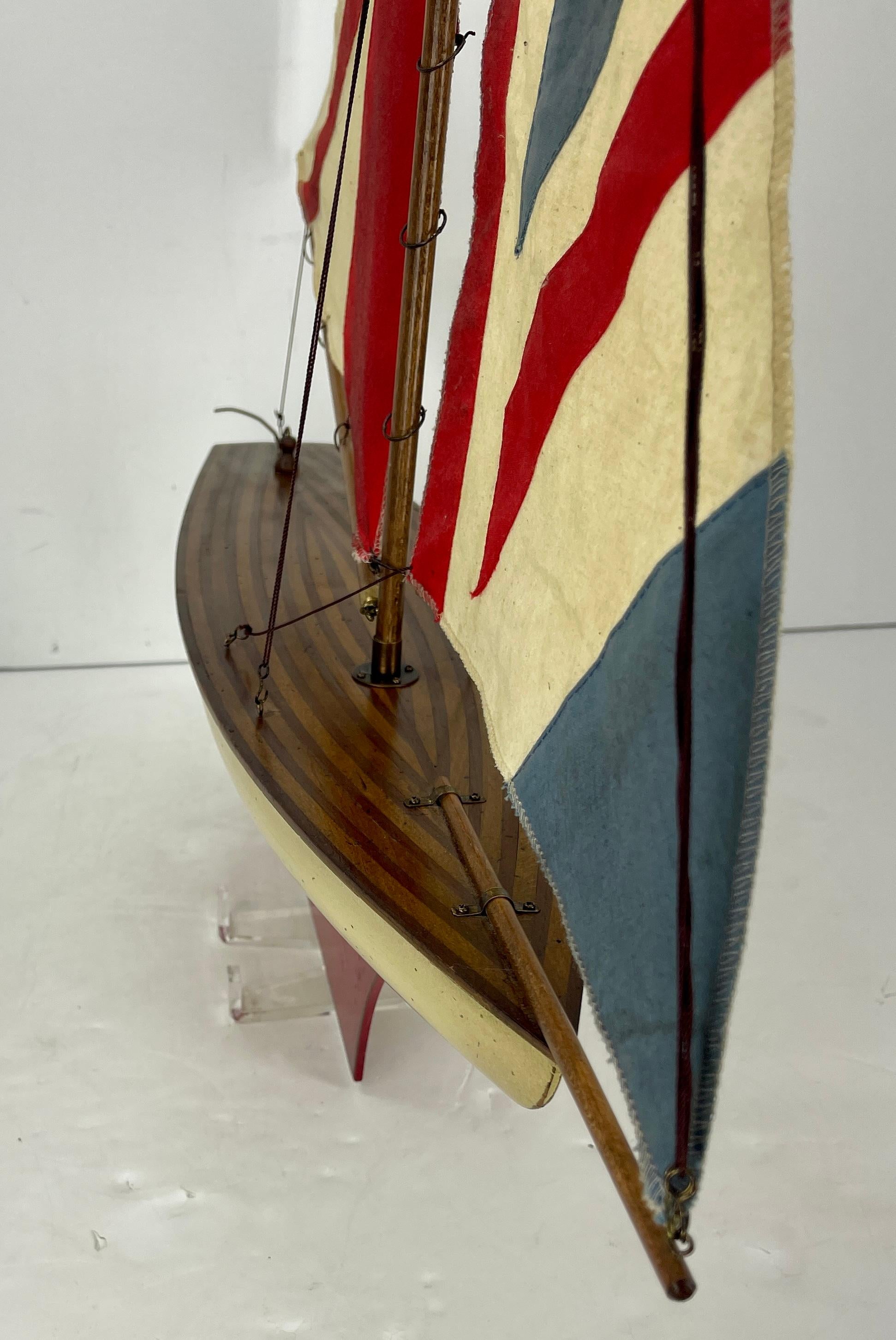 English Carved Wood Sailboat Model with Parquetry Deck and Union Jack Sailcloth 6
