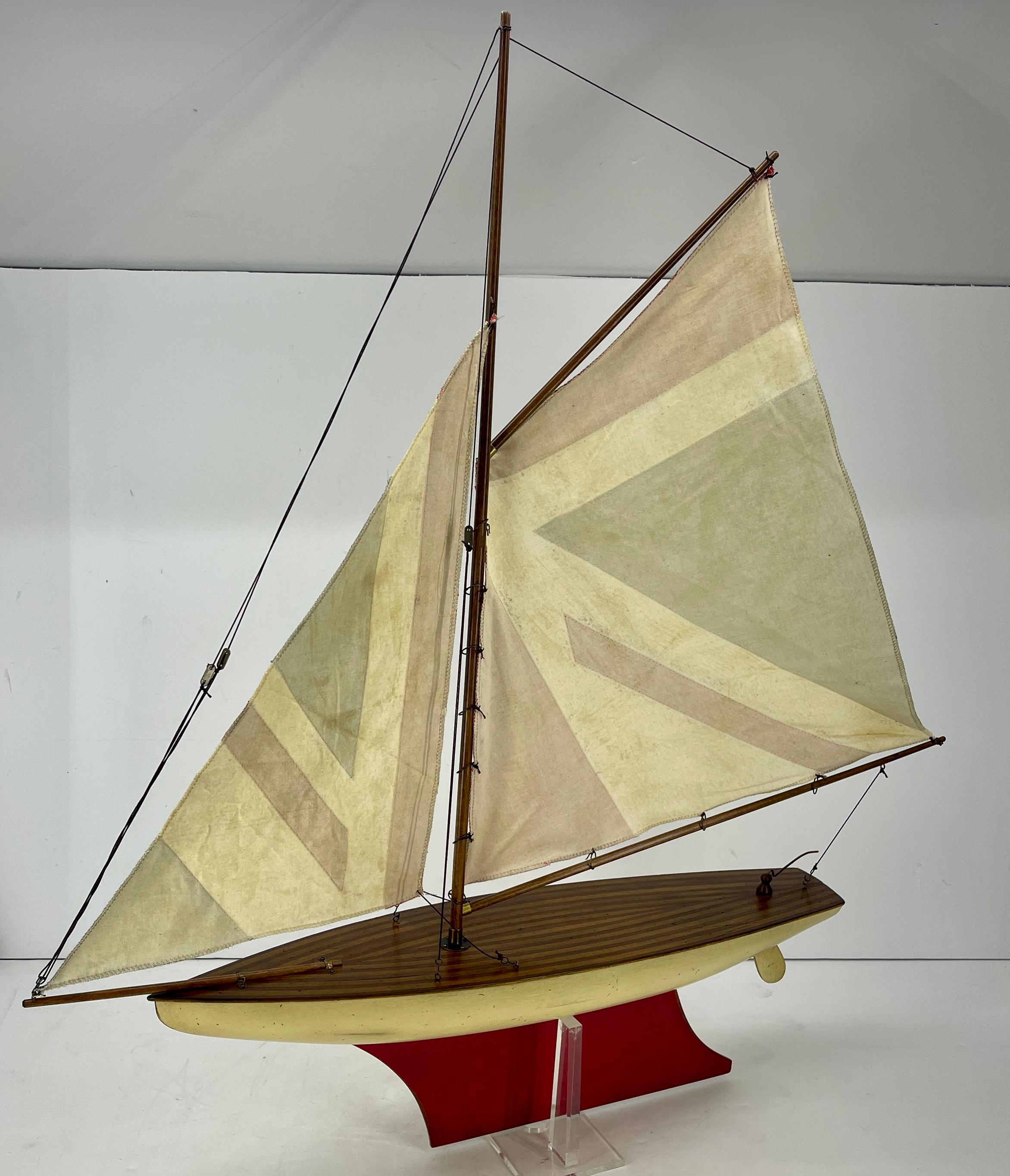 English Carved Wood Sailboat Model with Parquetry Deck and Union Jack Sailcloth 7
