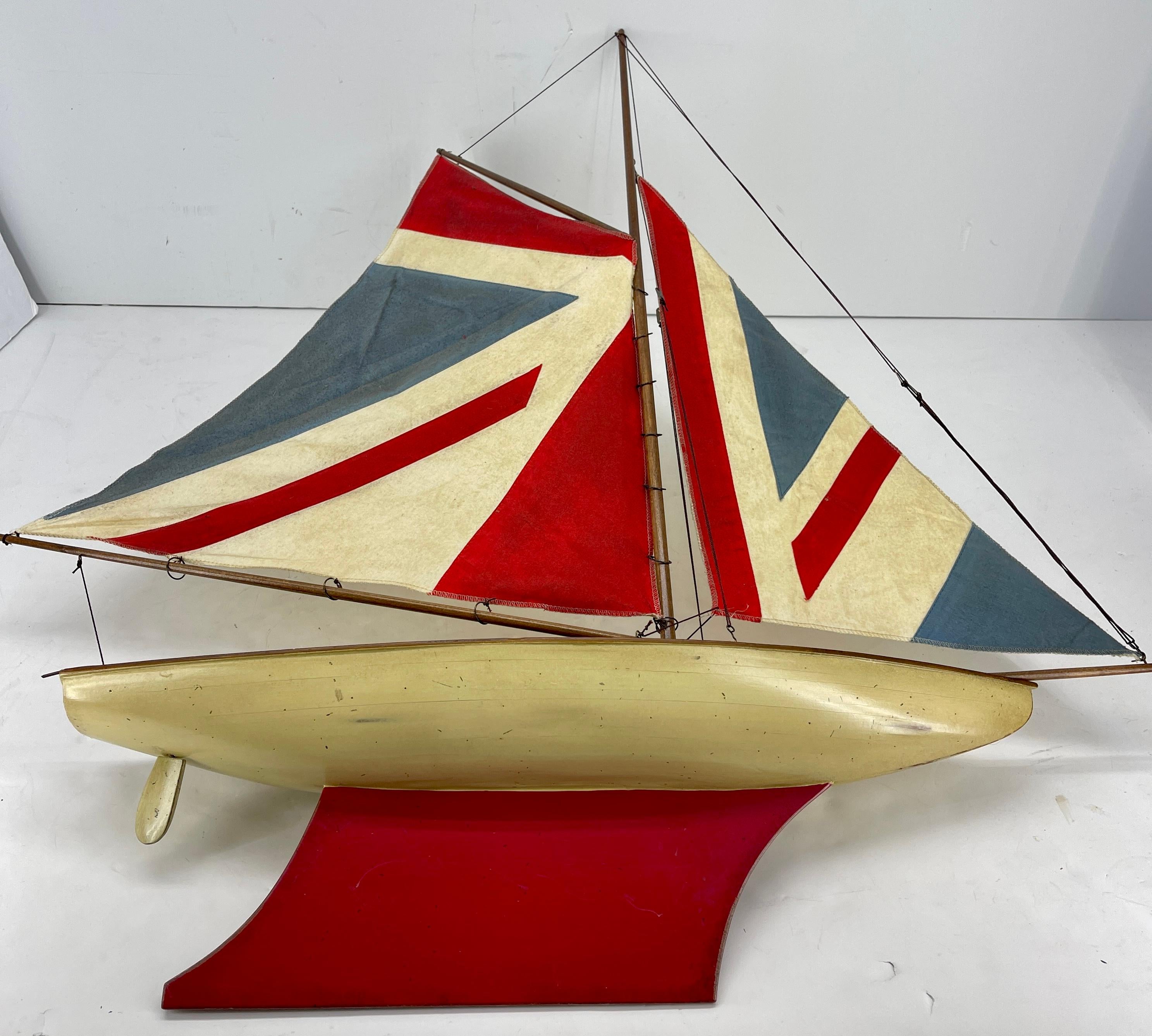 English Carved Wood Sailboat Model with Parquetry Deck and Union Jack Sailcloth 11