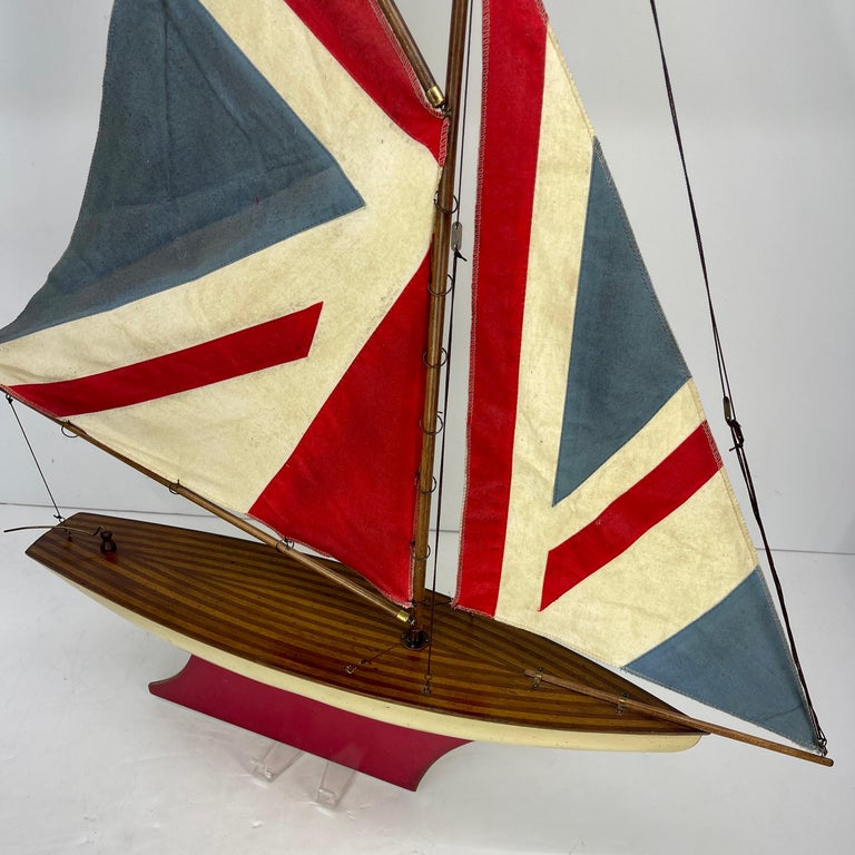 English Carved Wood Sailboat Model with Parquetry Deck and Union Jack