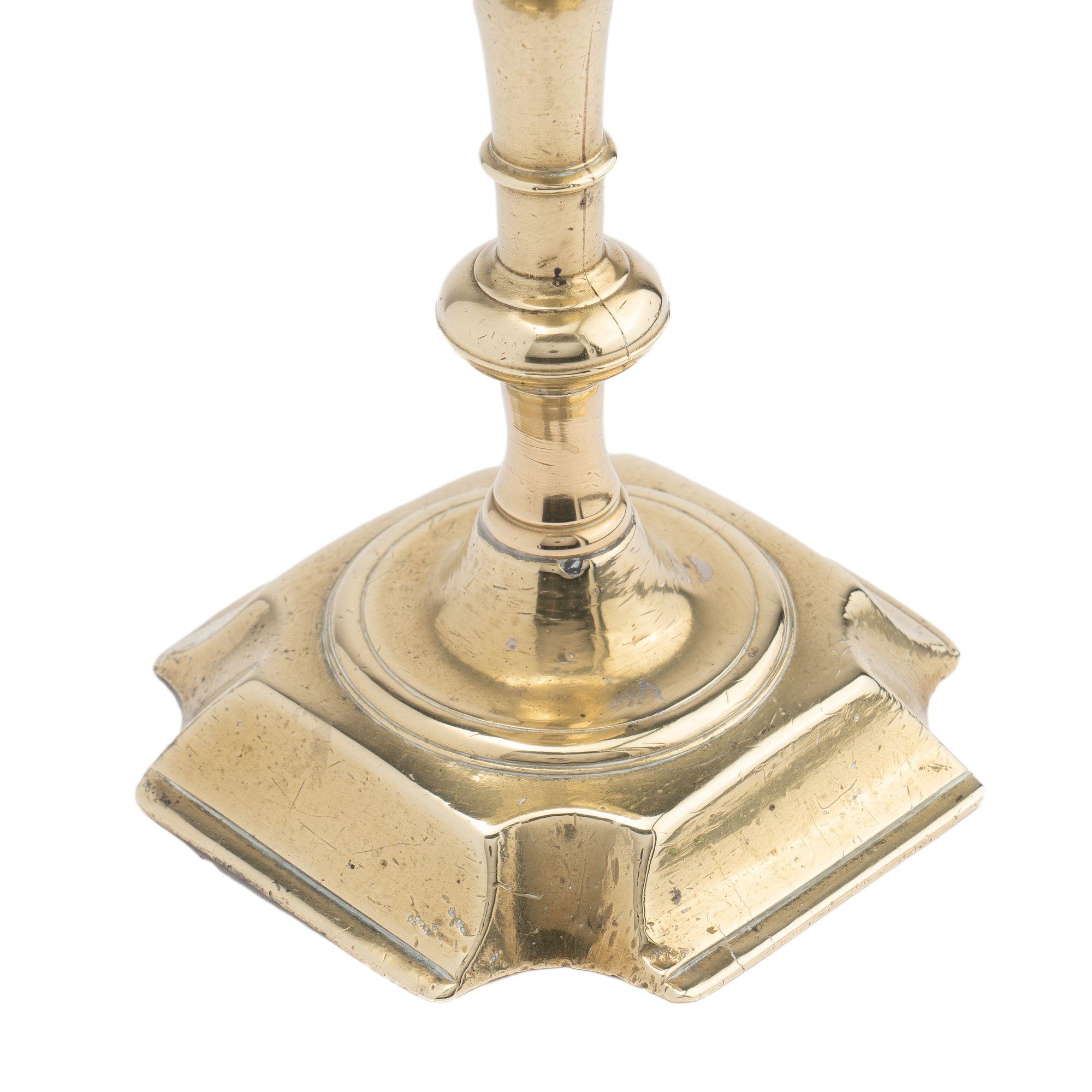 18th Century English cast brass Queen Anne candlestick, 1740-50 For Sale