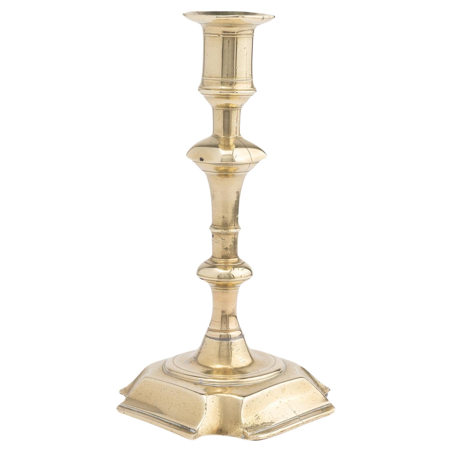 English cast brass Queen Anne candlestick, 1740-50 For Sale