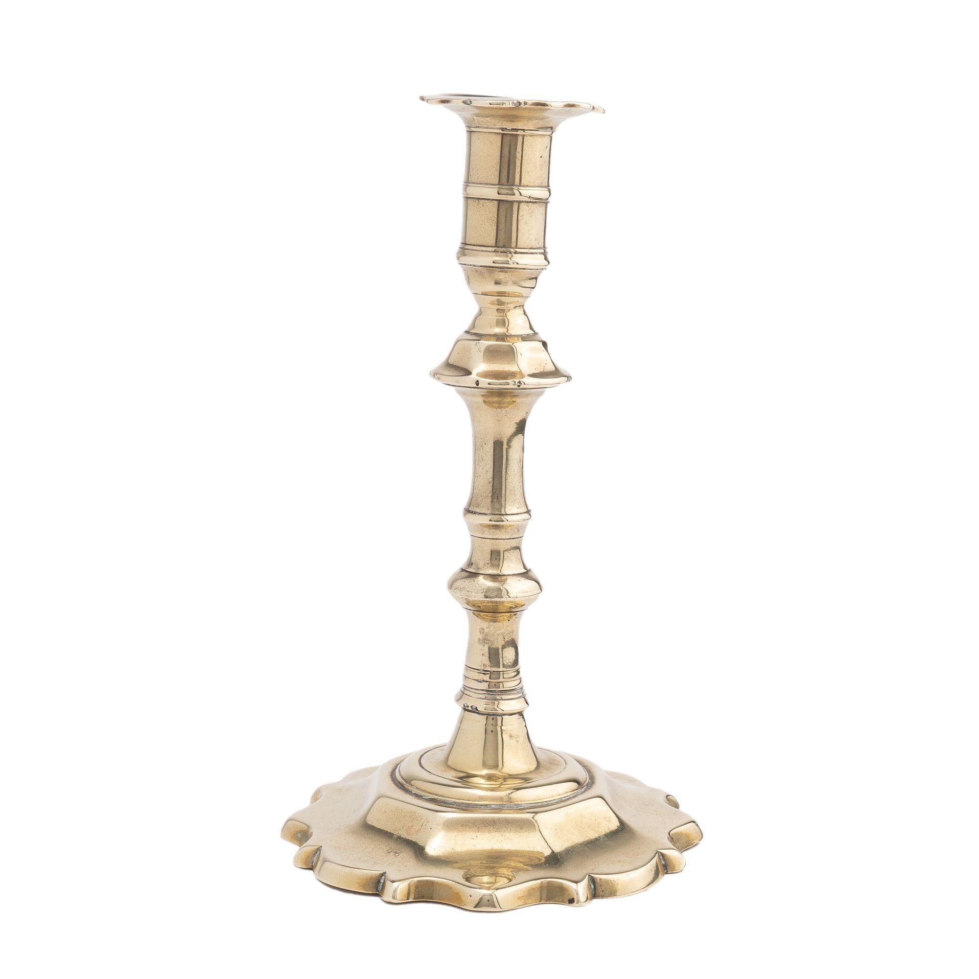 British English cast brass Queen Anne candlestick, 1750 For Sale