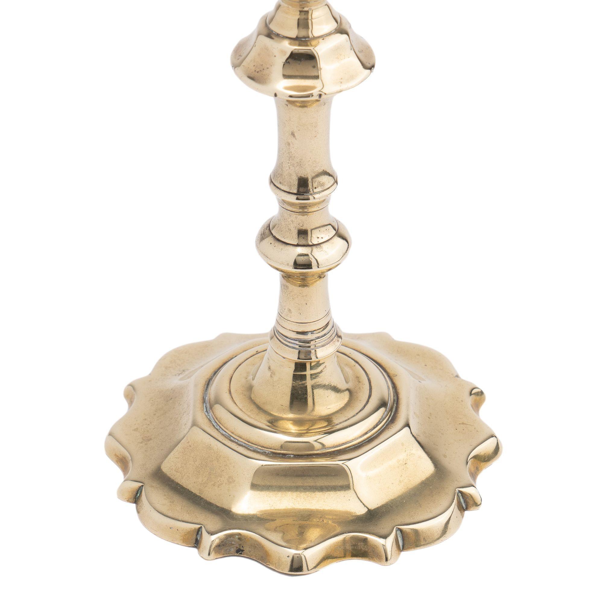 18th Century English cast brass Queen Anne candlestick, 1750 For Sale